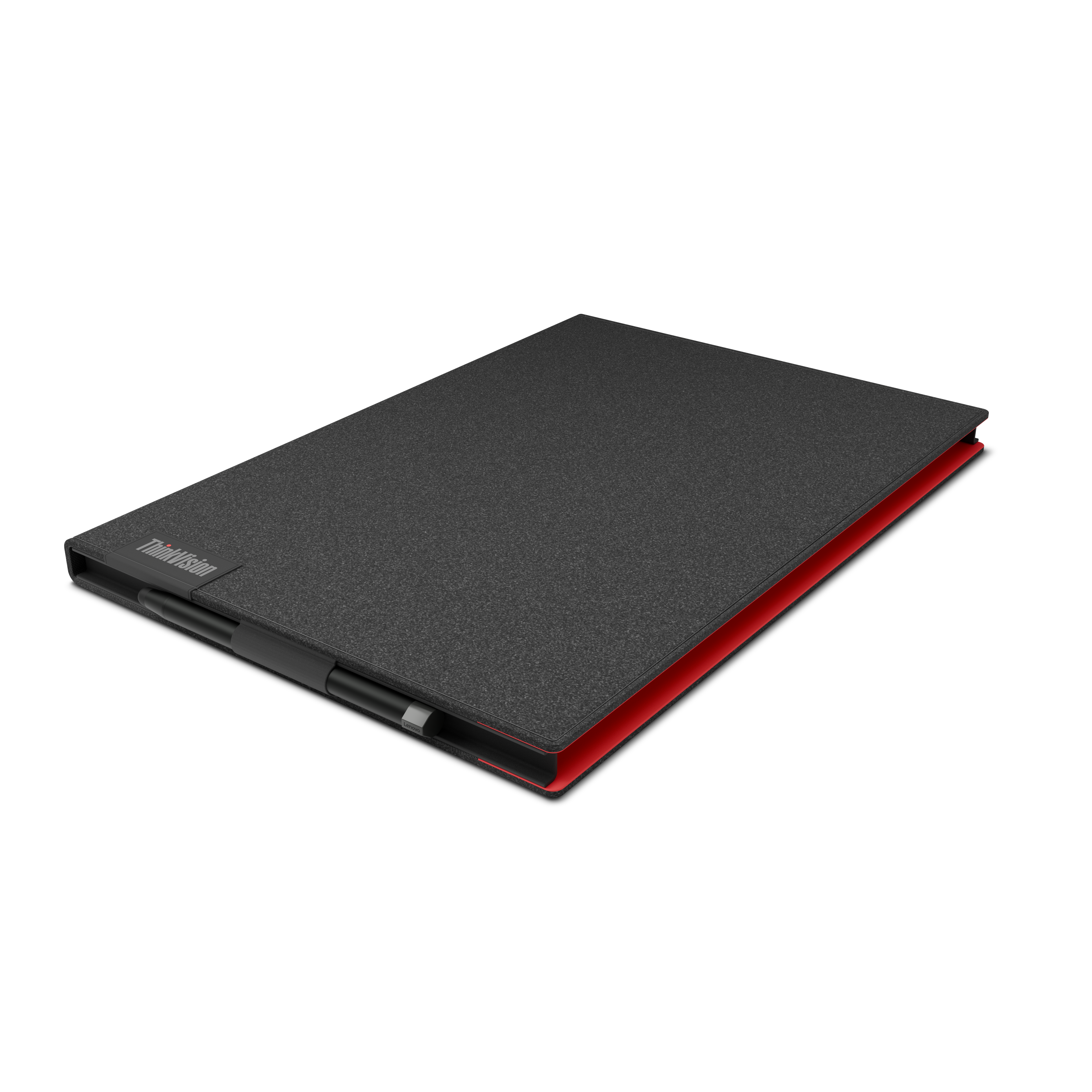 Eine schwarze Tablethülle mit rotem Innenraum. Ein Stift ist angebracht. Das ThinkVision-Logo ist sichtbar. Weißer Hintergrund.