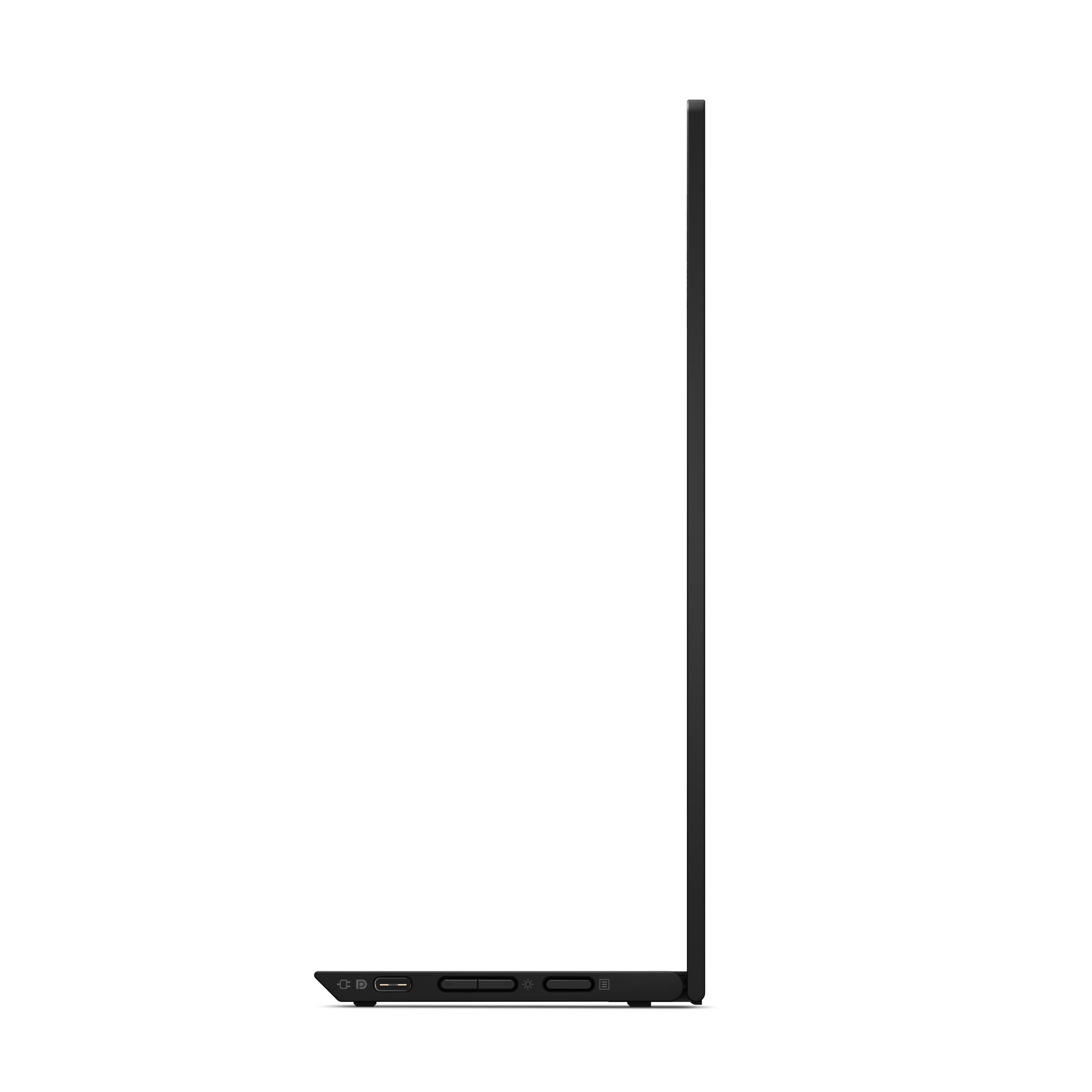 Seitenansicht eines schwarzen Laptops. Der Bildschirm ist geschlossen. Anschlüsse und Knöpfe sind sichtbar.