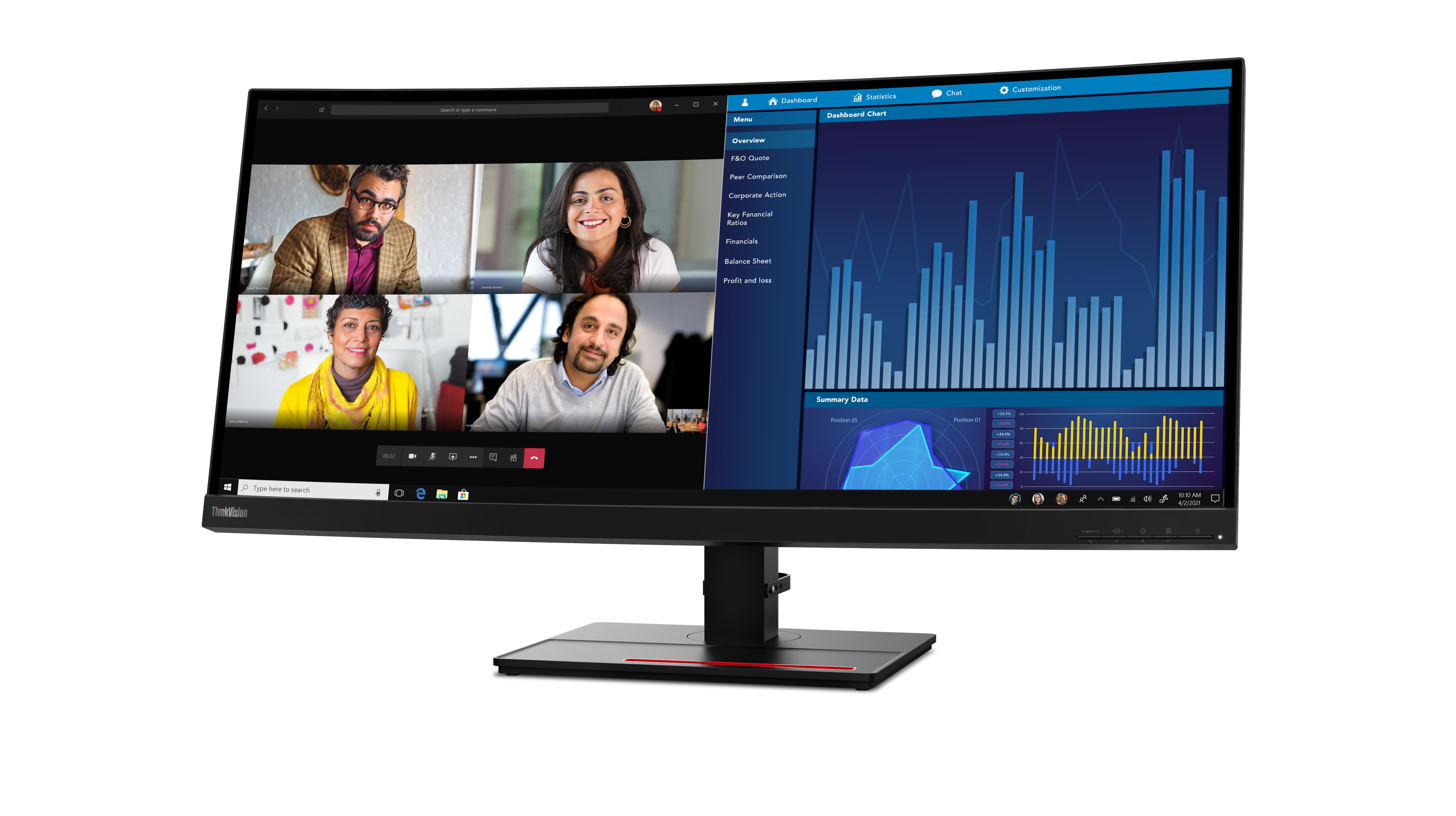 Ein Computermonitor zeigt einen Videoanruf mit vier Teilnehmern sowie Finanzdaten, Diagramme und Grafiken auf der rechten Seite.