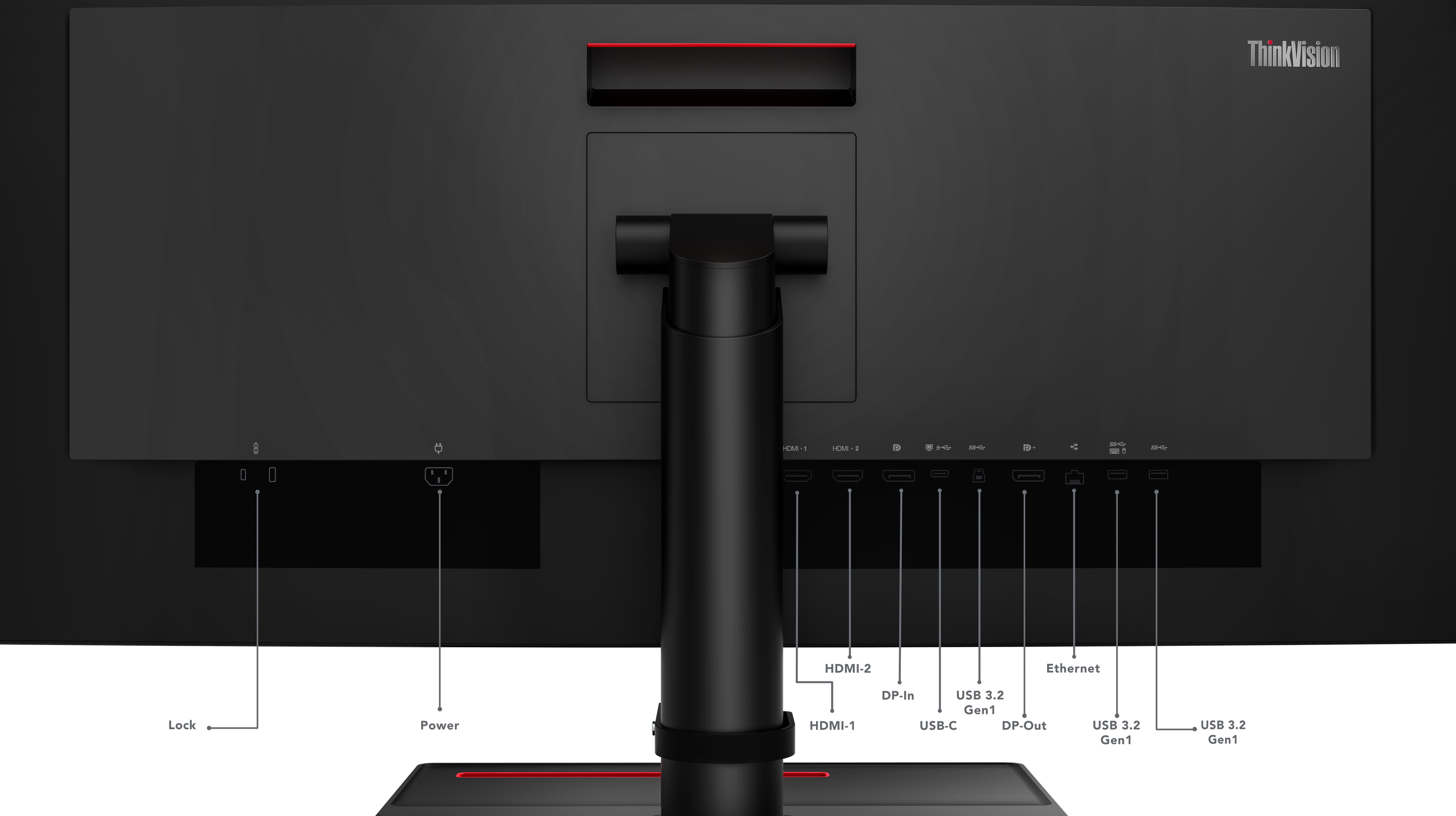 Rückseite eines ThinkVision-Monitors. Mit Anschlüssen für HDMI, USB, Ethernet und Strom. Ein Ständer stützt den Monitor.