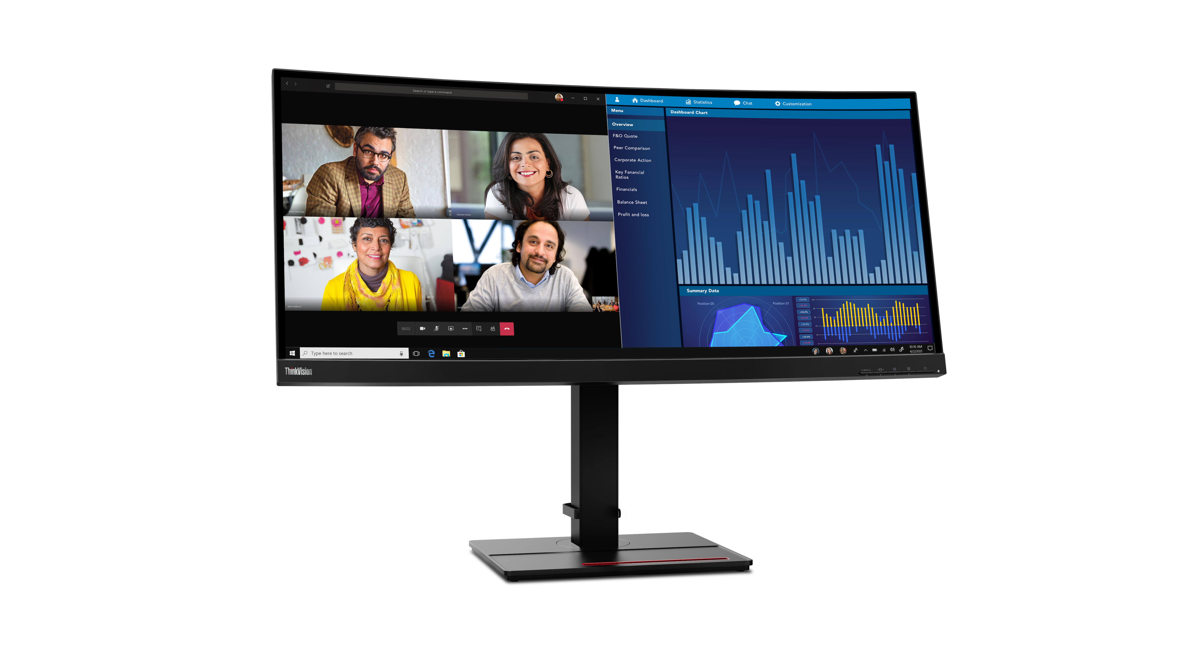 Ein Computermonitor zeigt eine Videokonferenz und Finanzdiagramme. Vier Personen nehmen an der Konferenz teil. Der Monitor ist schwarz.