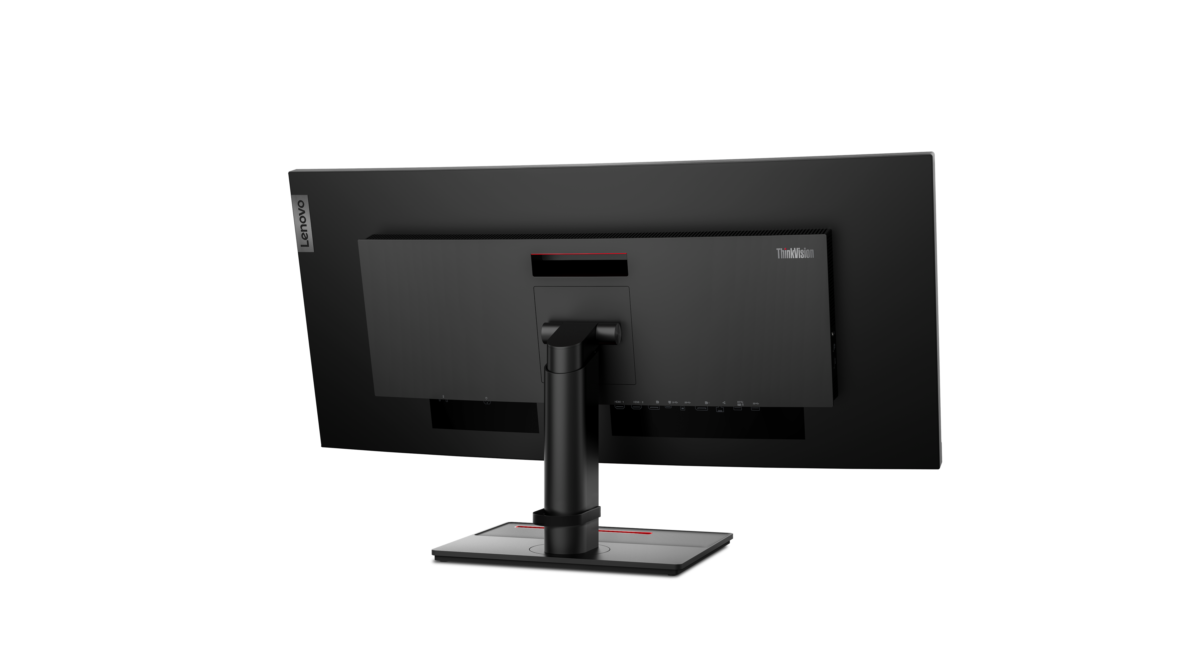Die Rückseite eines schwarzen Lenovo ThinkVision-Monitors wird gezeigt. Er hat einen Ständer, Anschlüsse und das ThinkVision-Logo. Der Hintergrund ist schwarz.