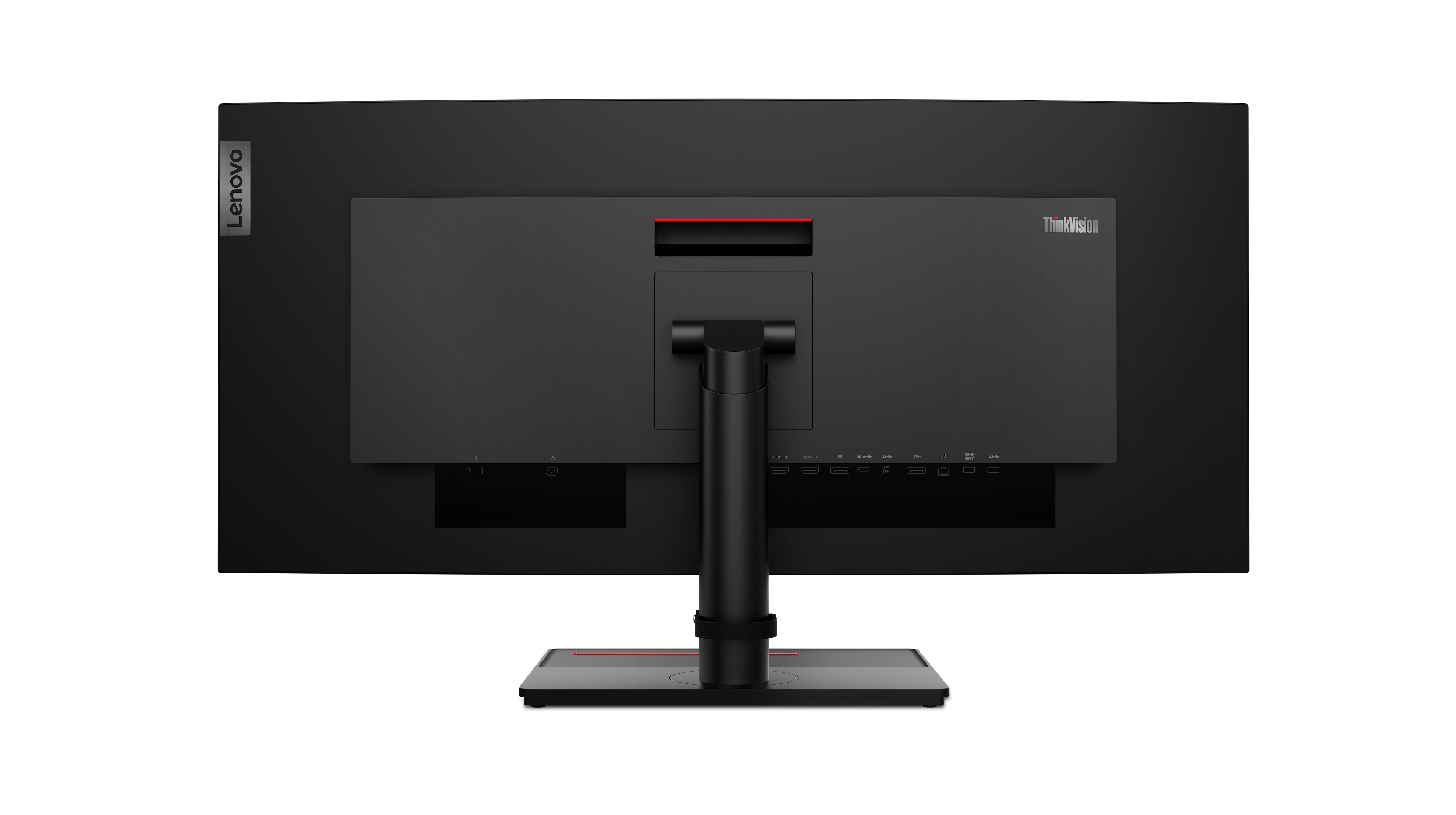Rückansicht eines schwarzen Lenovo ThinkVision Monitors mit Ständer. Es hat rote Akzente und verschiedene Anschlüsse.