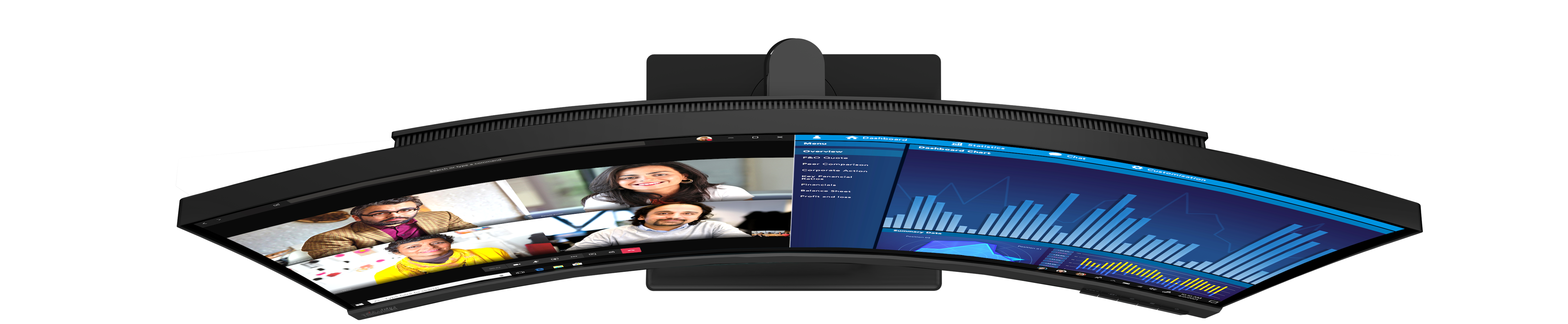 Ein gebogener Monitor zeigt einen Videoanruf und ein Dashboard mit Diagrammen vor schwarzem Hintergrund.