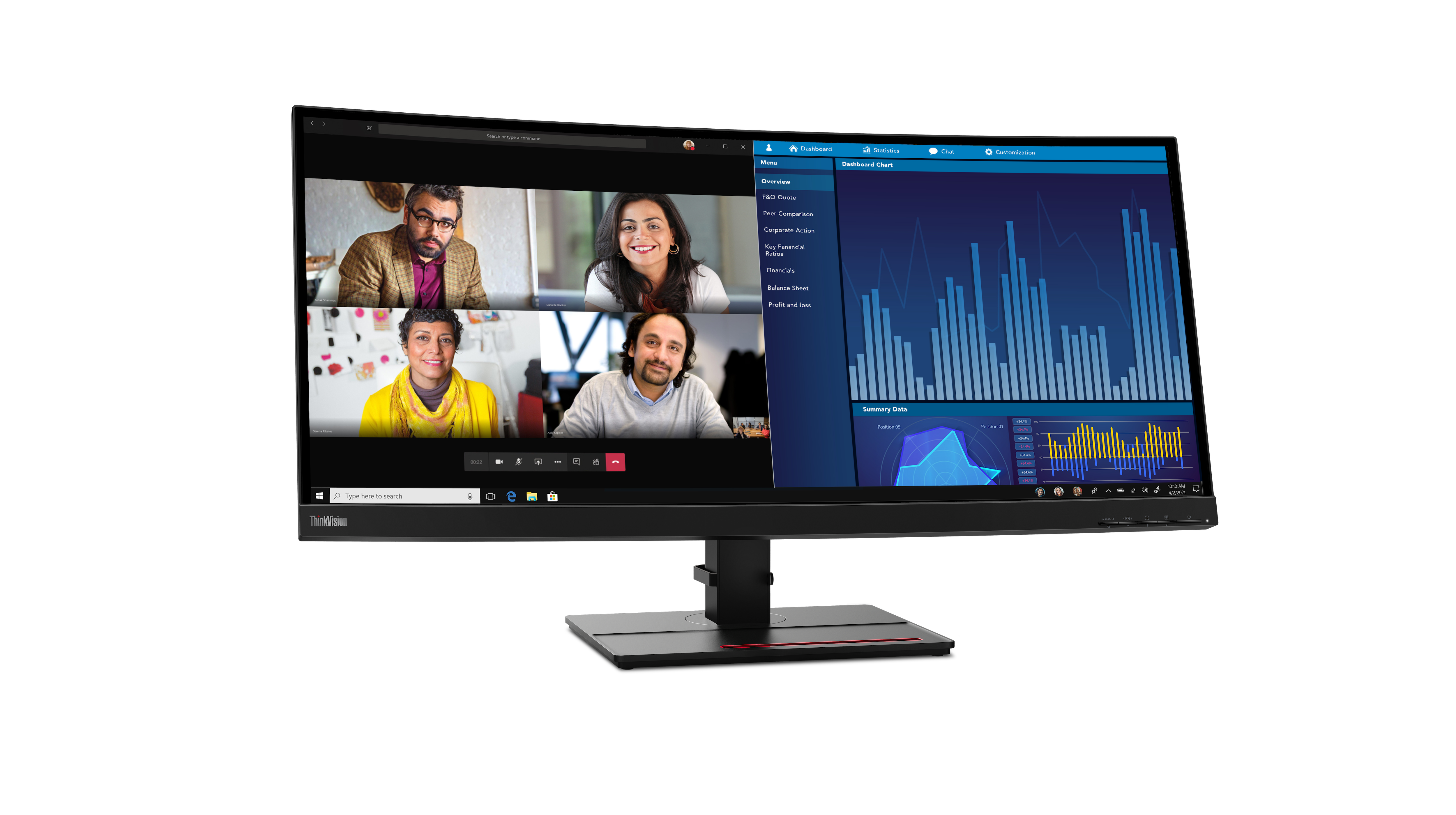 Ein Computermonitor zeigt einen Videoanruf mit vier Teilnehmern und ein Dashboard mit Finanzdiagrammen.