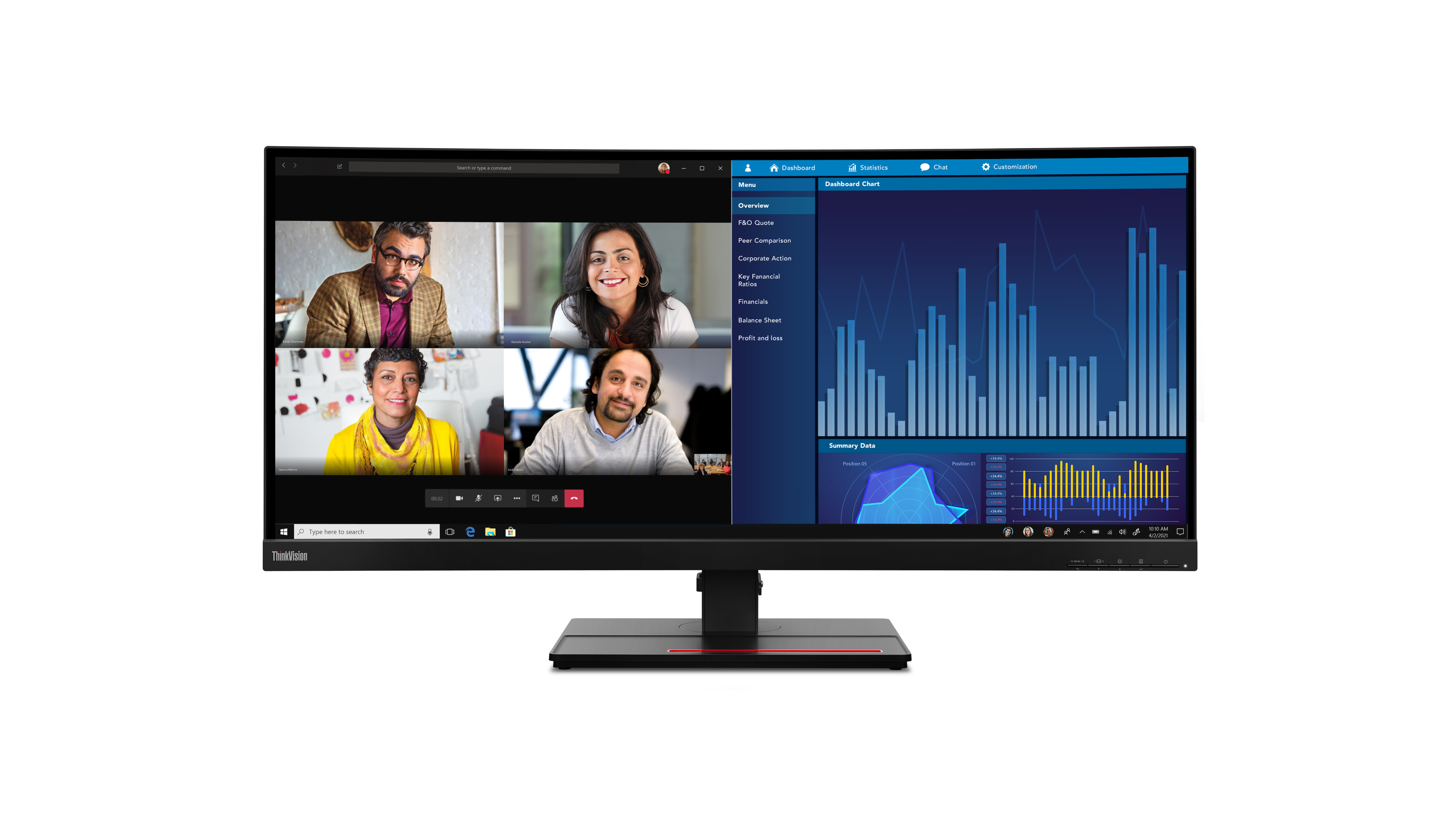 Ein Computermonitor zeigt einen Videoanruf mit vier Personen. Diagramme und Grafiken befinden sich auf der rechten Seite. Der Monitor ist schwarz.