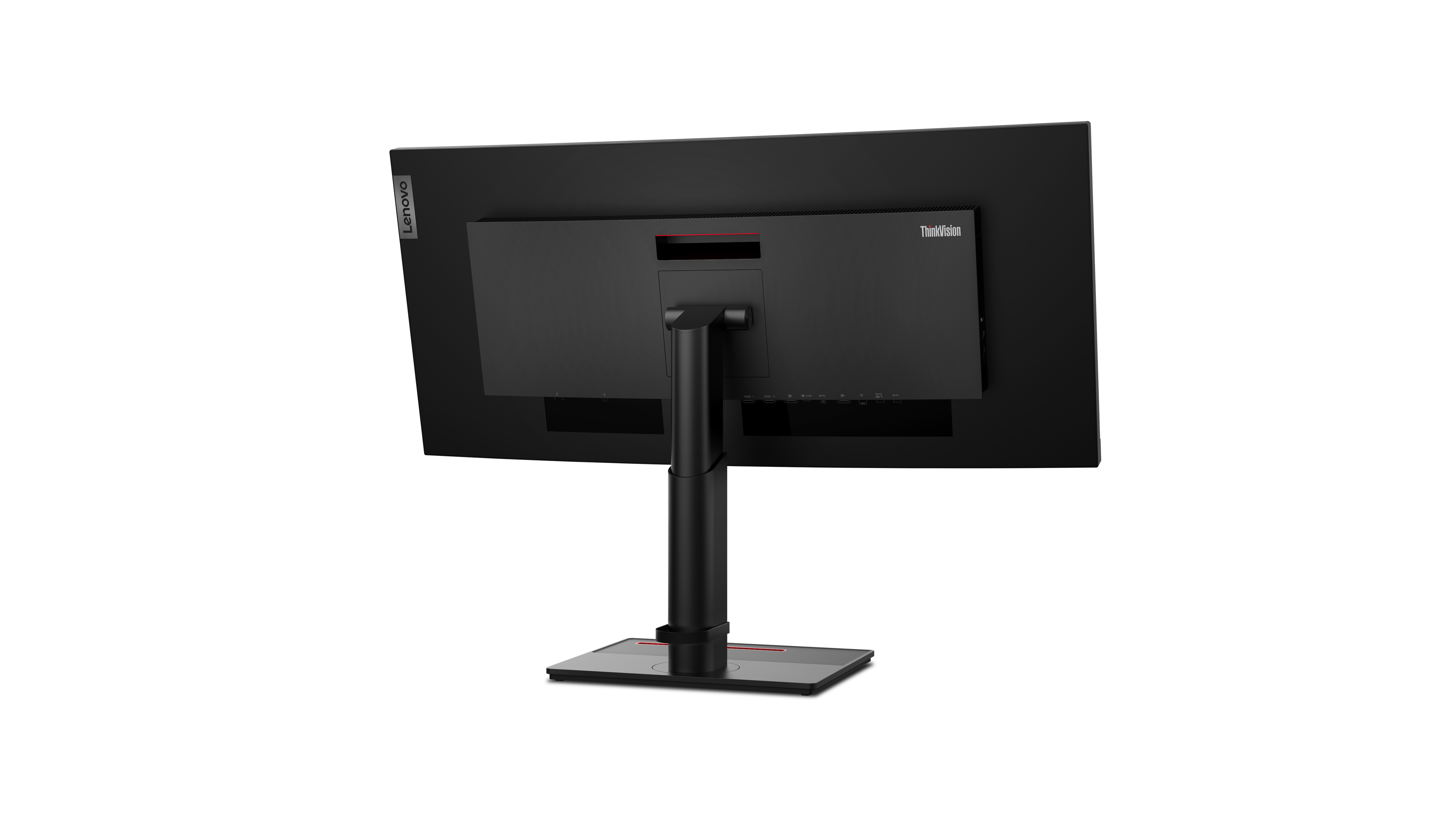 Rückansicht eines schwarzen Lenovo ThinkVision Monitors. Er hat einen Ständer, Anschlüsse und das Lenovo-Logo. Der Hintergrund ist schwarz.