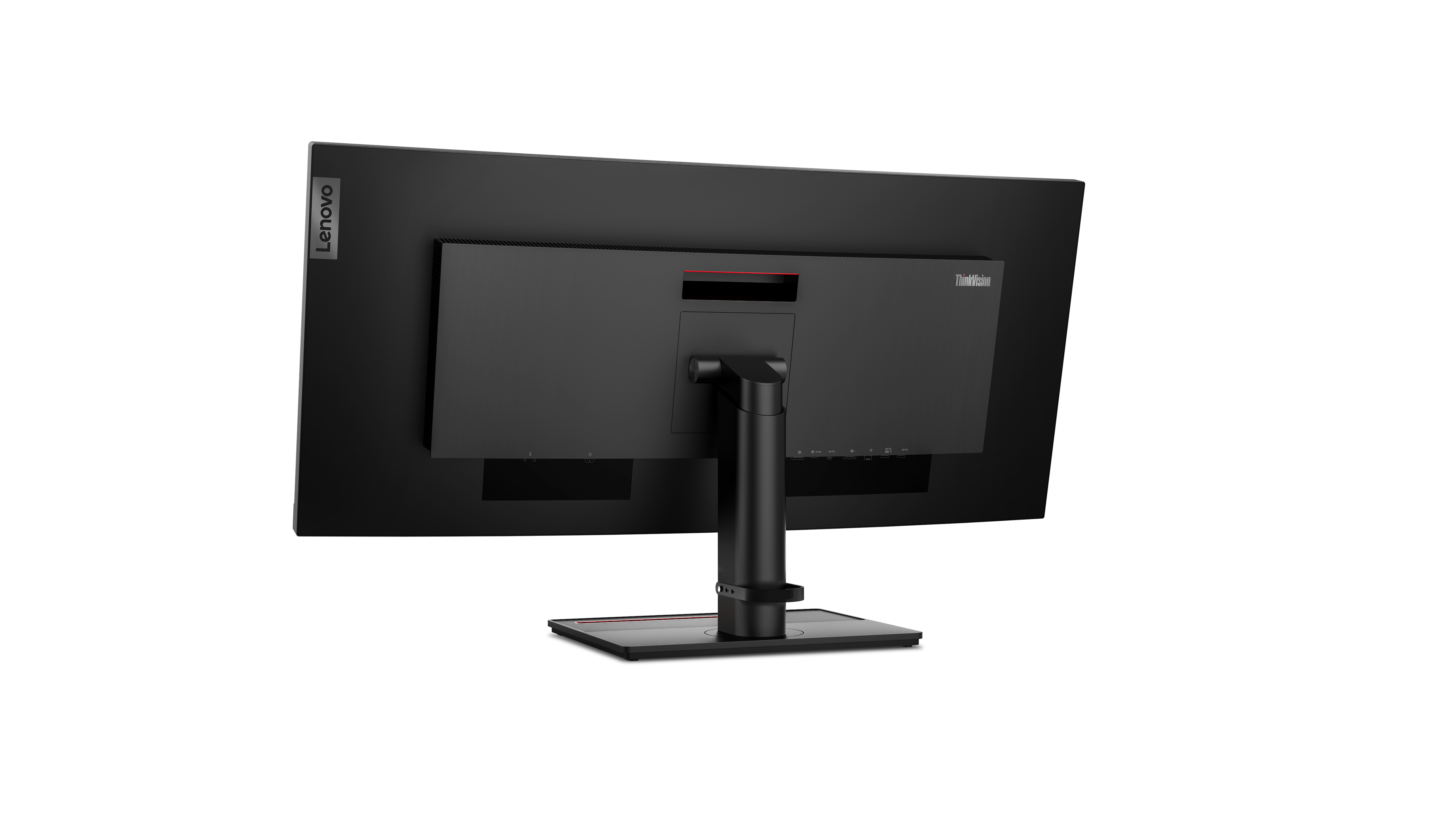 Rückansicht eines schwarzen Lenovo ThinkVision Monitors. Der Ständer ist schwarz. Der Hintergrund ist schwarz.