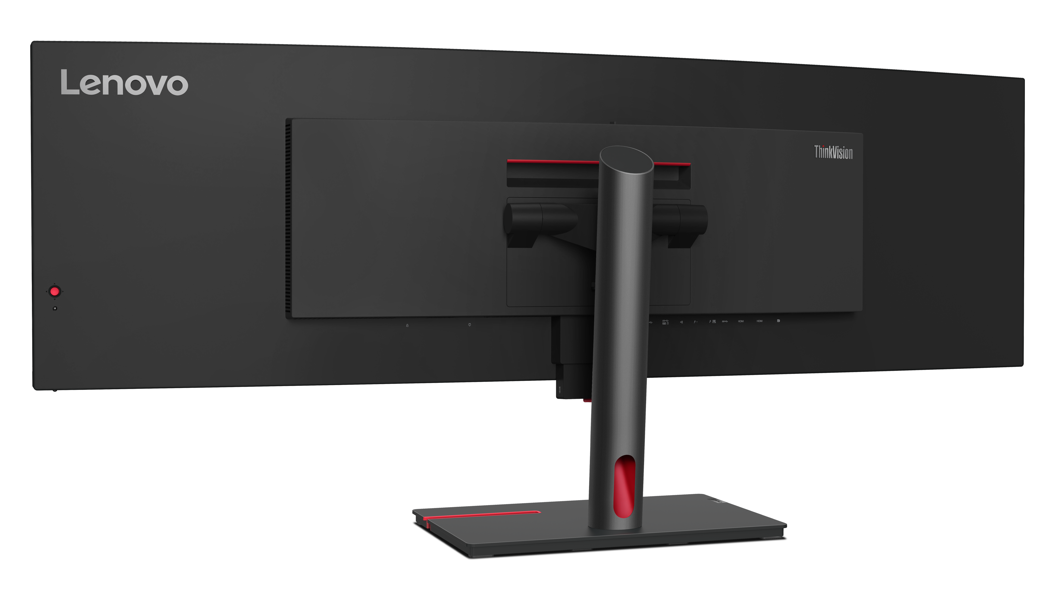 Rückseite eines schwarzen Lenovo ThinkVision Monitors. Merkmale sind ein Ständer mit roten Akzenten und verschiedenen Anschlüssen.