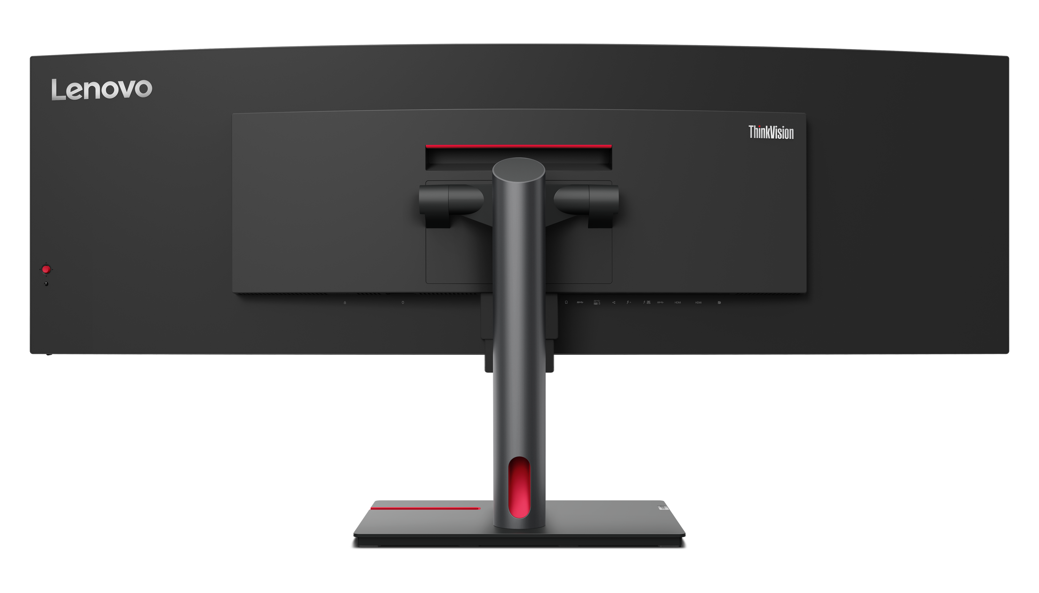 Rückansicht eines Lenovo ThinkVision Monitors. Schwarz mit Ständer, roten Akzenten und Anschlüssen. Lenovo Logo sichtbar.