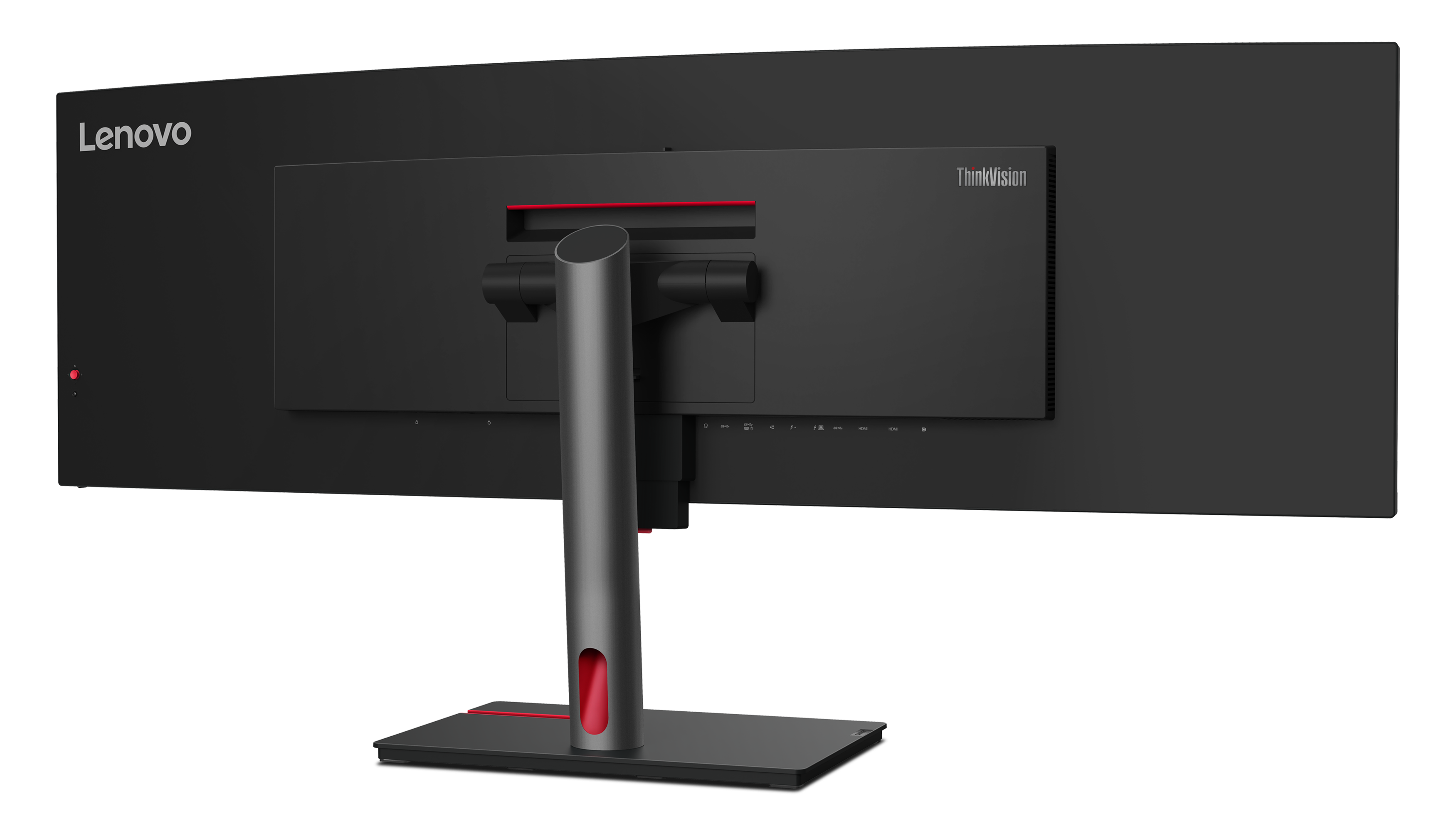 Rückansicht eines schwarzen Lenovo ThinkVision-Monitors. Er hat einen silbernen Standfuß mit roten Akzenten. Das Lenovo-Logo ist sichtbar.