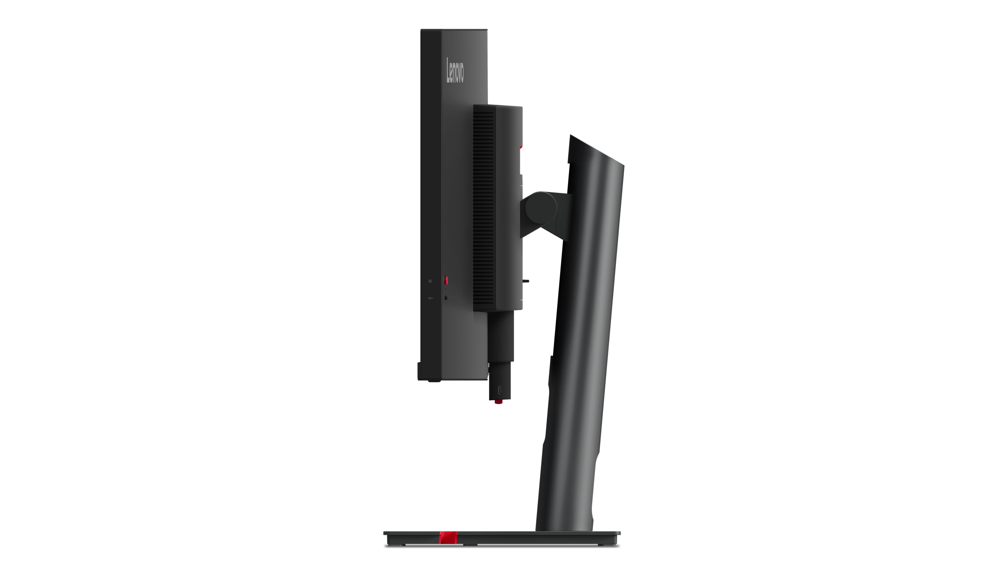 Seitenansicht eines schwarzen Lenovo-Monitors. Ständer, Säule und Rückseite sind sichtbar. Rote Akzente sind vorhanden.