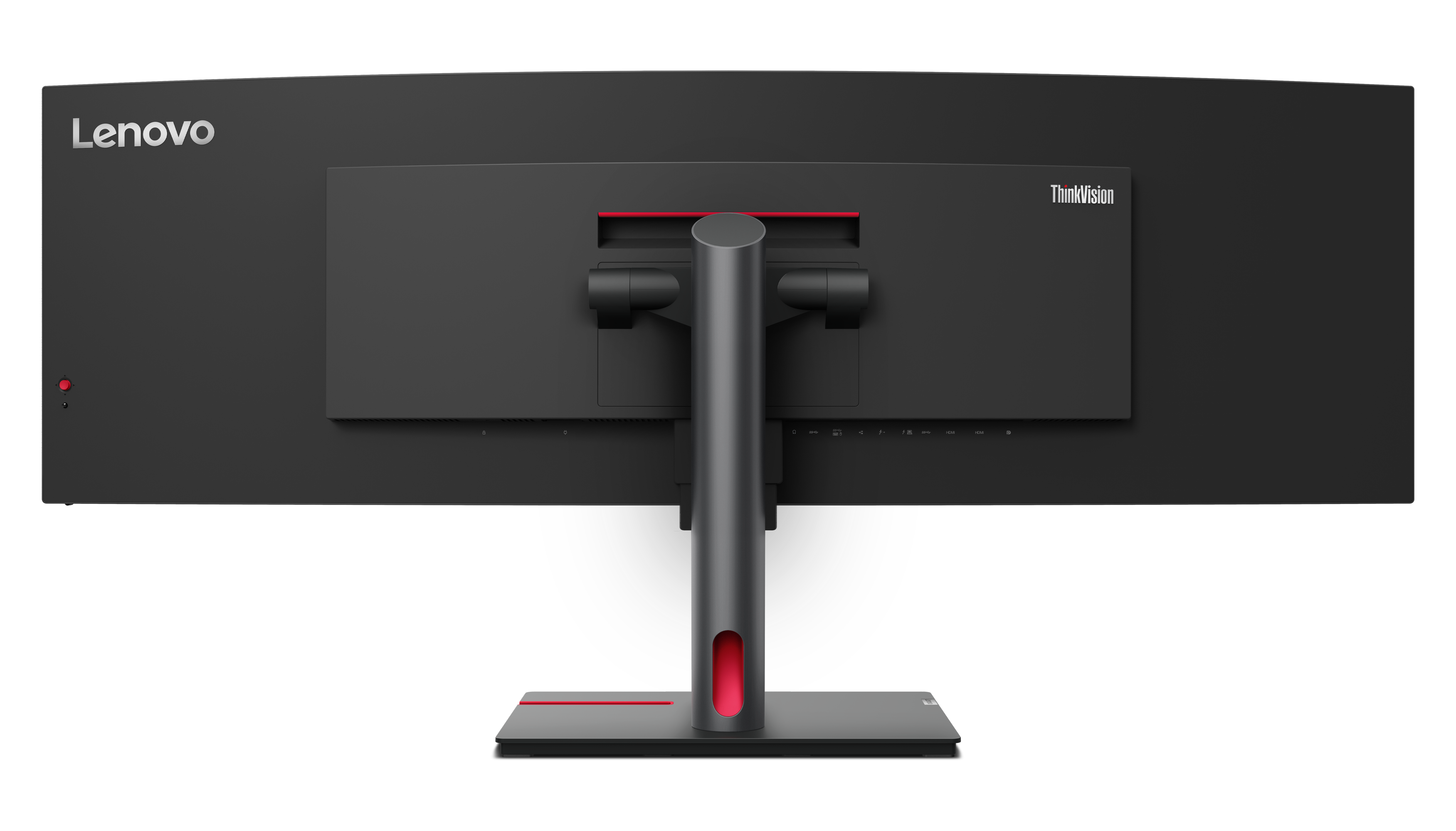 Rückseite eines schwarzen Lenovo ThinkVision-Monitors. Mit Ständer mit rotem Streifen und Lenovo-Logo.