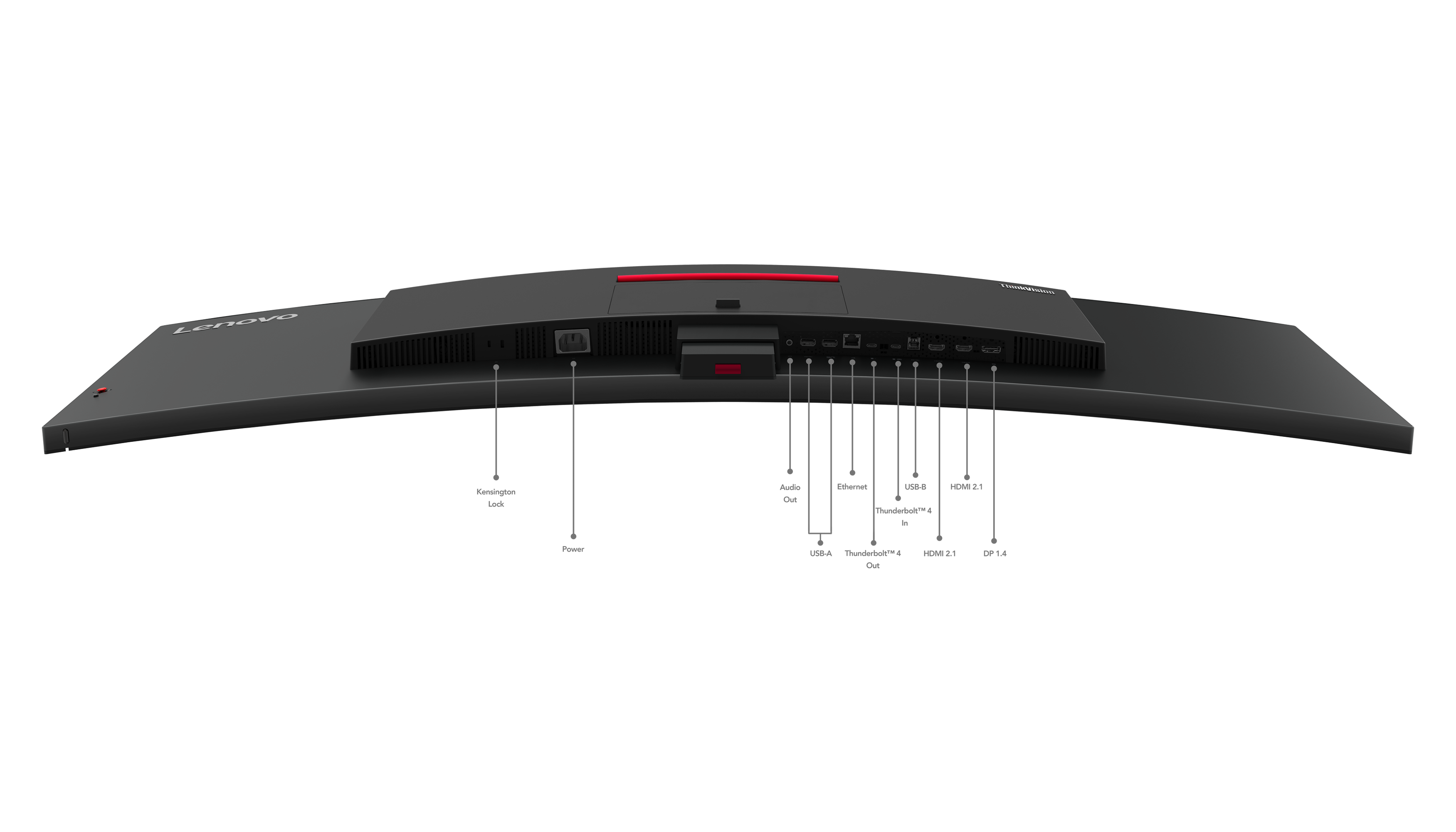 Die Rückseite eines schwarzen, gewölbten Monitors zeigt Anschlüsse wie Audio, Ethernet, USB, HDMI und Thunderbolt. Der Name Lenovo ist sichtbar.