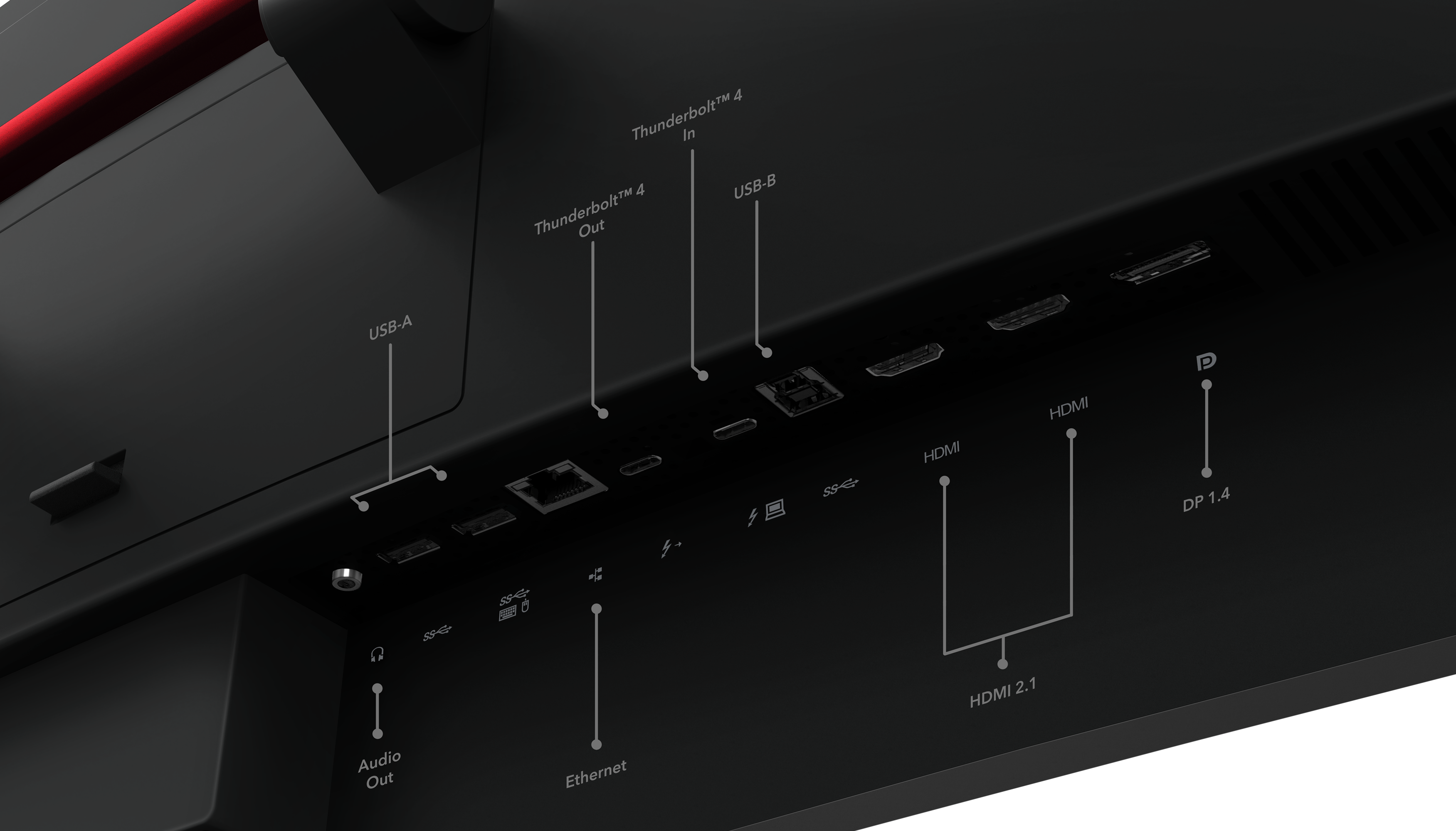 Schwarzes Panel mit Anschlüssen: USB-A, Audioausgang, Ethernet, Thunderbolt 4 Ein/Aus, USB-B, HDMI, DP 1.4. Textbeschriftungen vorhanden.
