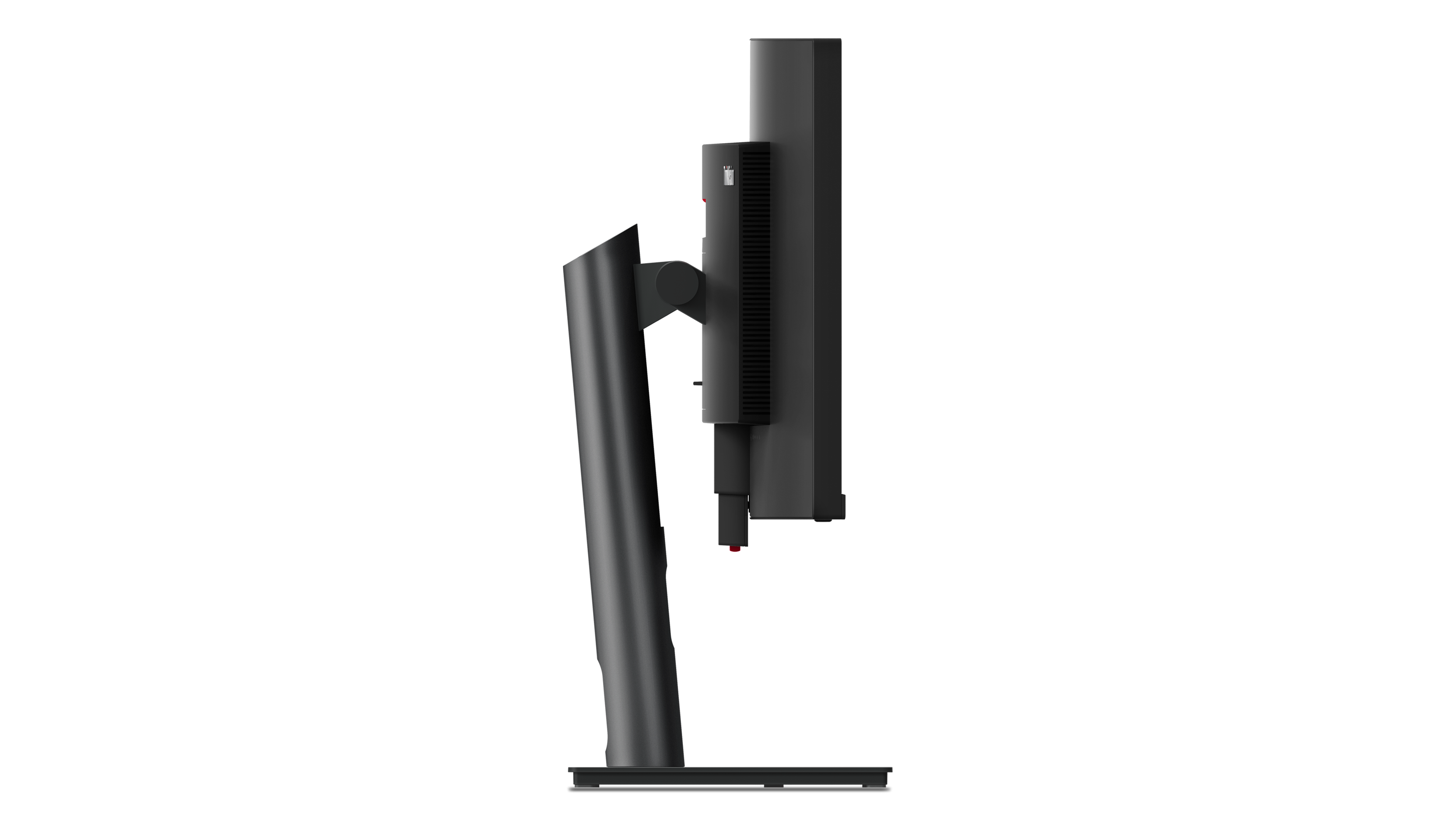 Seitenansicht eines schwarzen Computermonitors. Er hat ein schlankes, modernes Design mit einem Ständer. Der Hintergrund ist schwarz.