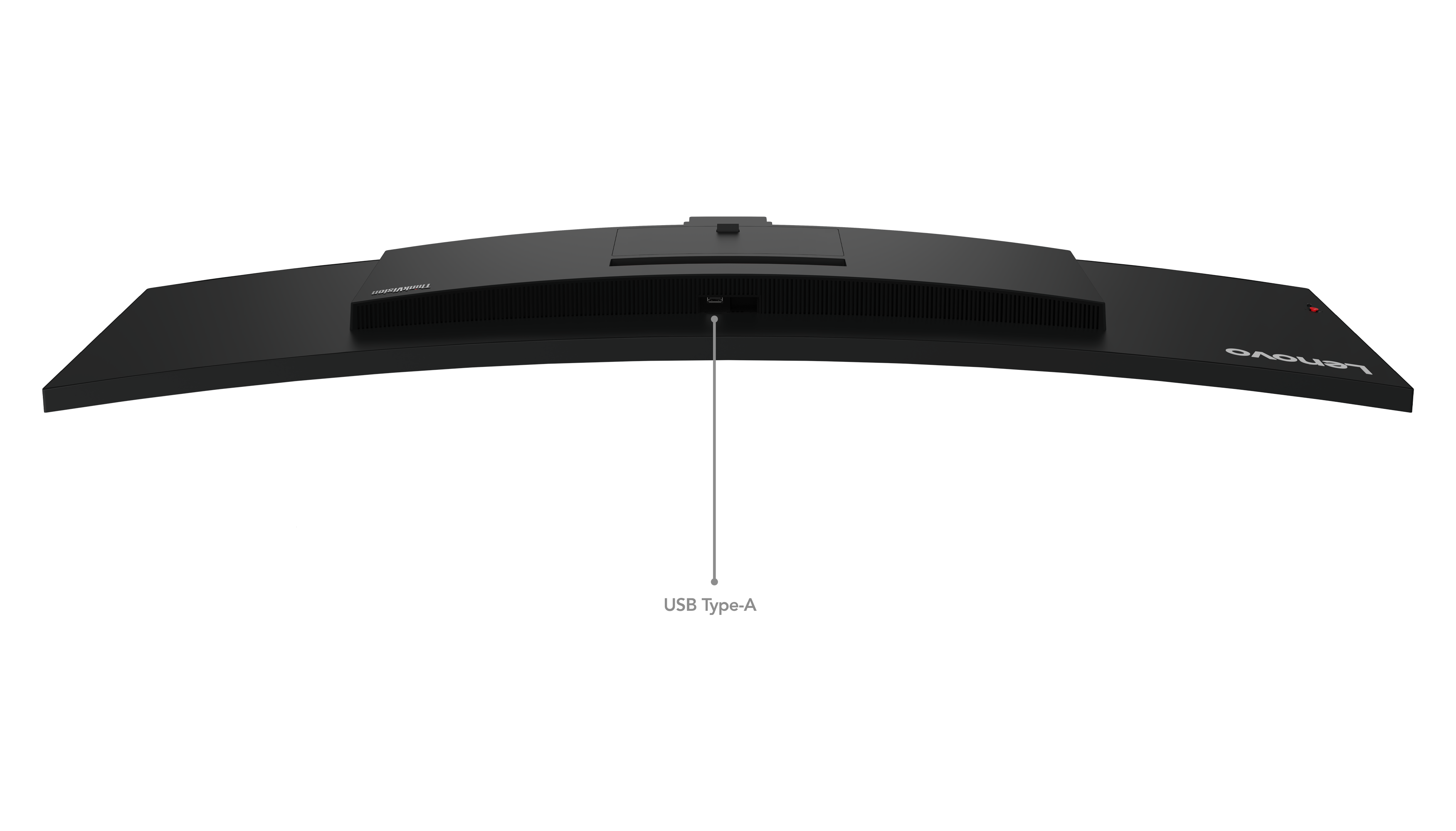 Gekrümmter schwarzer Lenovo-Monitorrücken. Er hat einen USB-Anschluss, und das Lenovo-Logo ist sichtbar. Der Hintergrund ist schwarz.