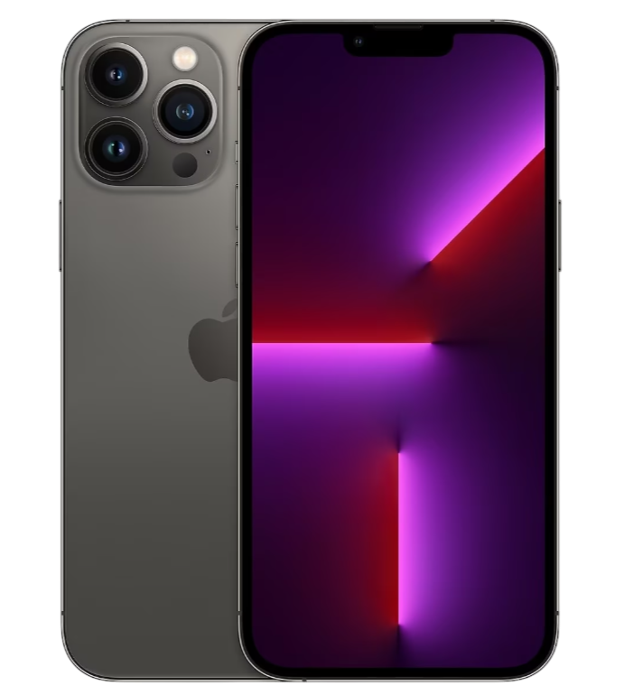 Siyah arka plan üzerinde koyu gri bir iPhone. Ekran kırmızı ve mor bir degrade görüntülüyor. Telefonda üç kamera var.