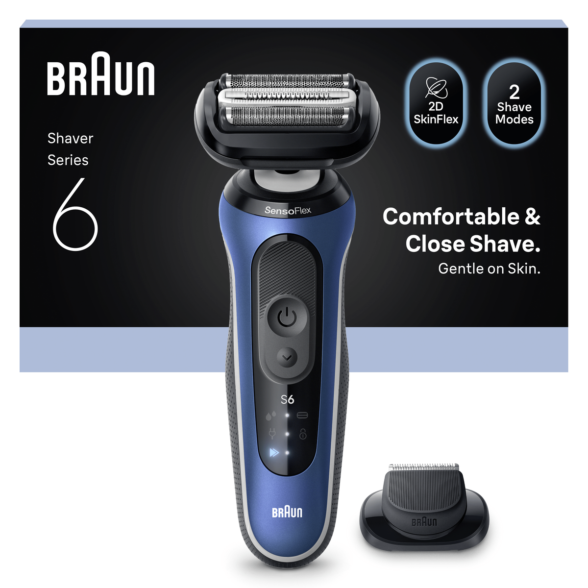 Afeitadora eléctrica Braun Serie 6 con diseño azul y negro. Cuenta con SkinFlex 2D, 2 modos de afeitado y un cabezal de repuesto. Afeitado cómodo y apurado.
