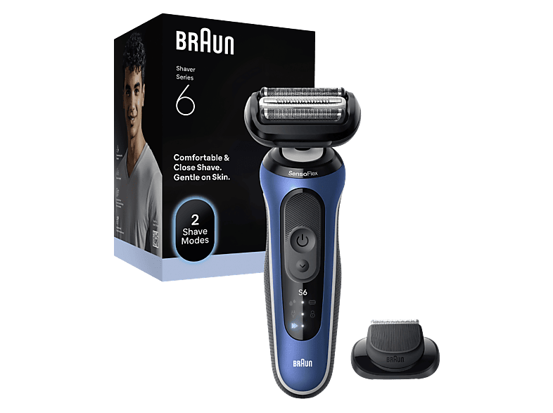 Afeitadora - Braun Series 6 62-B1200S, 1 accesorio de precisión, 60 min autonomía, Afeitado en seco y mojado, Azul