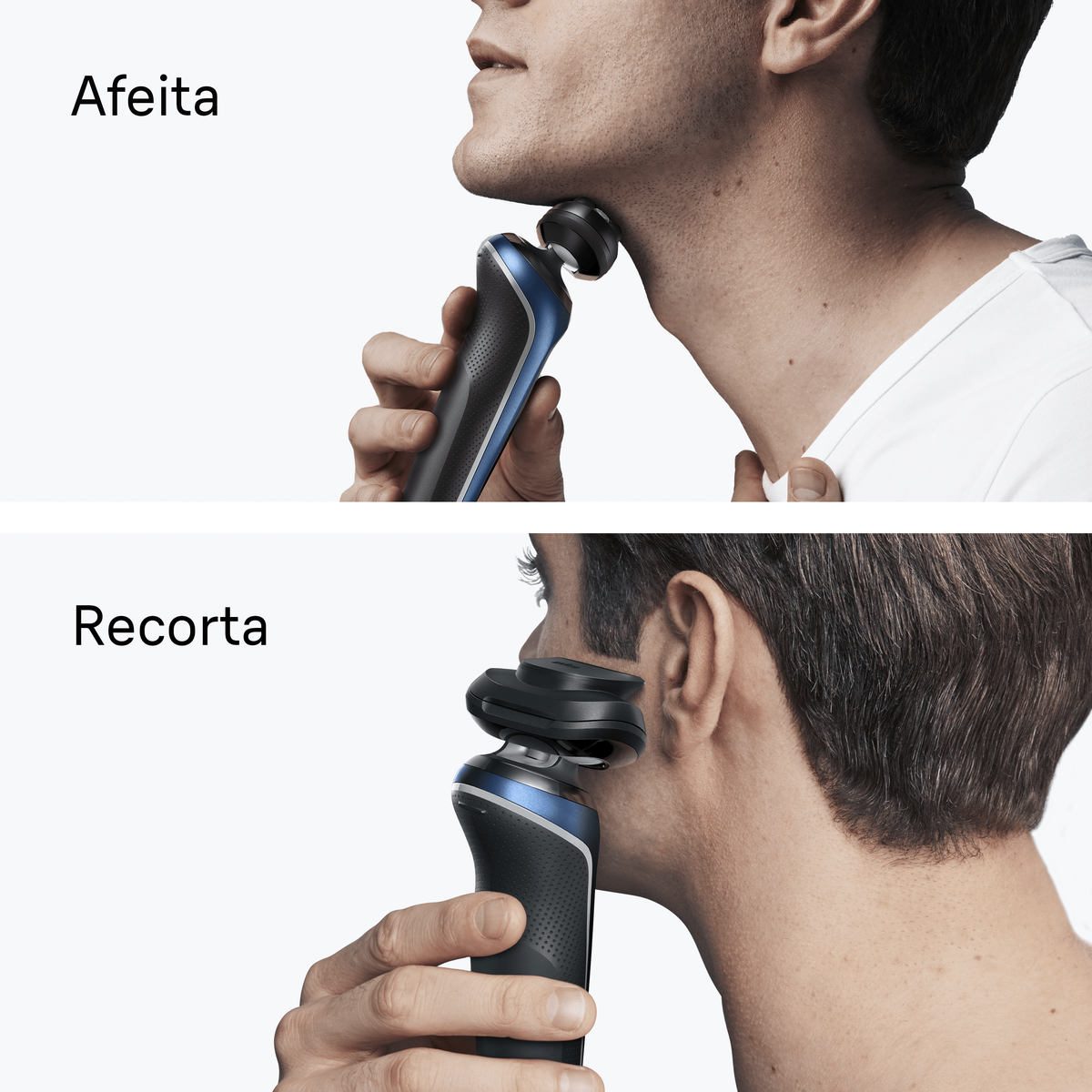 Un hombre se afeita el cuello y cara con la serie 6 Braun. Texto: "Afeita". "Recorta".