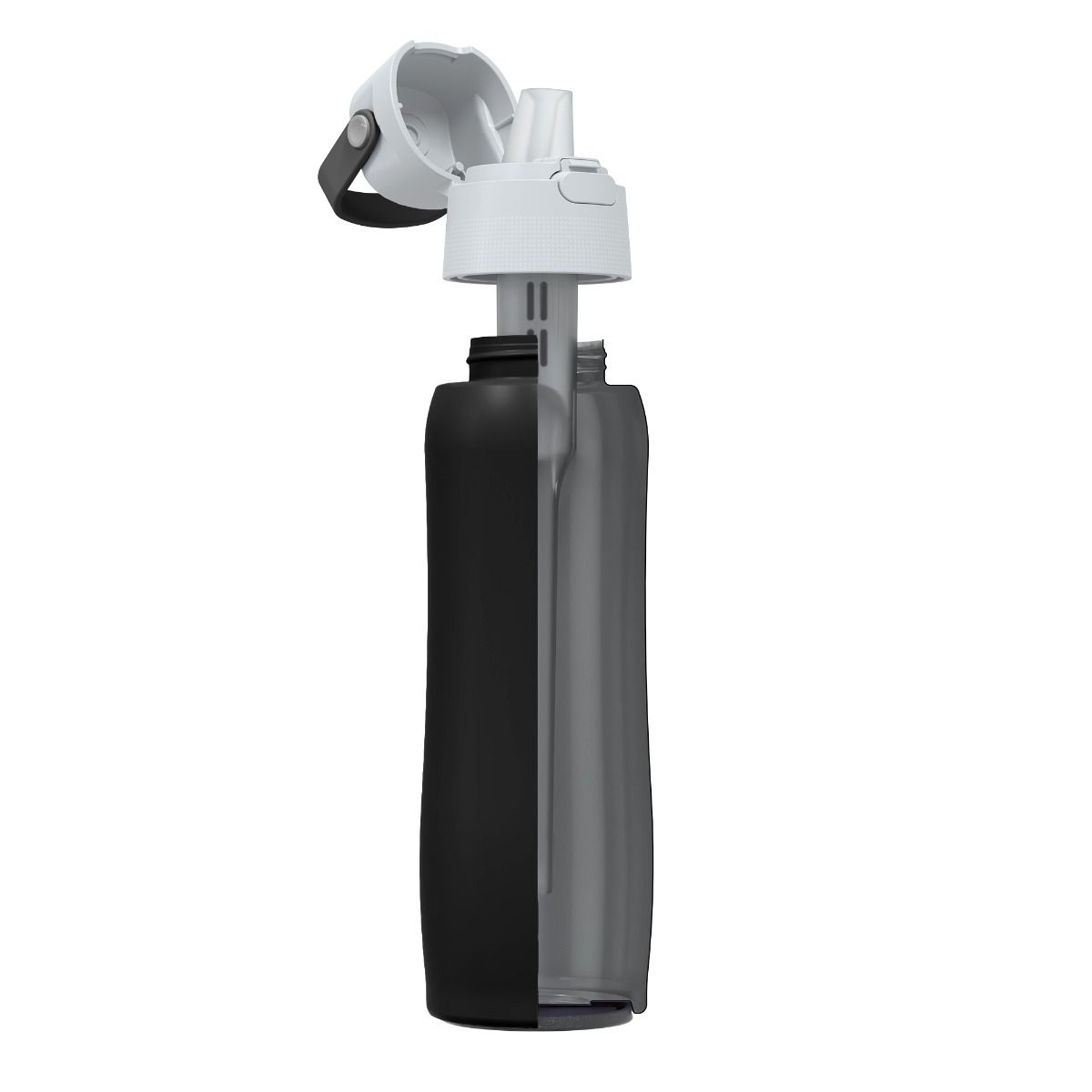 Butelka na wodę, przecięta na pół. Jedna strona jest czarna, druga przezroczysta. Pokrywka jest biała i otwarta.