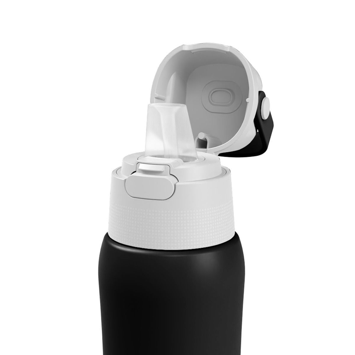 Czarna butelka na wodę z białą pokrywką jest otwarta. Pokrywka ma czarny zawias i biały dzióbek. Tło jest białe.