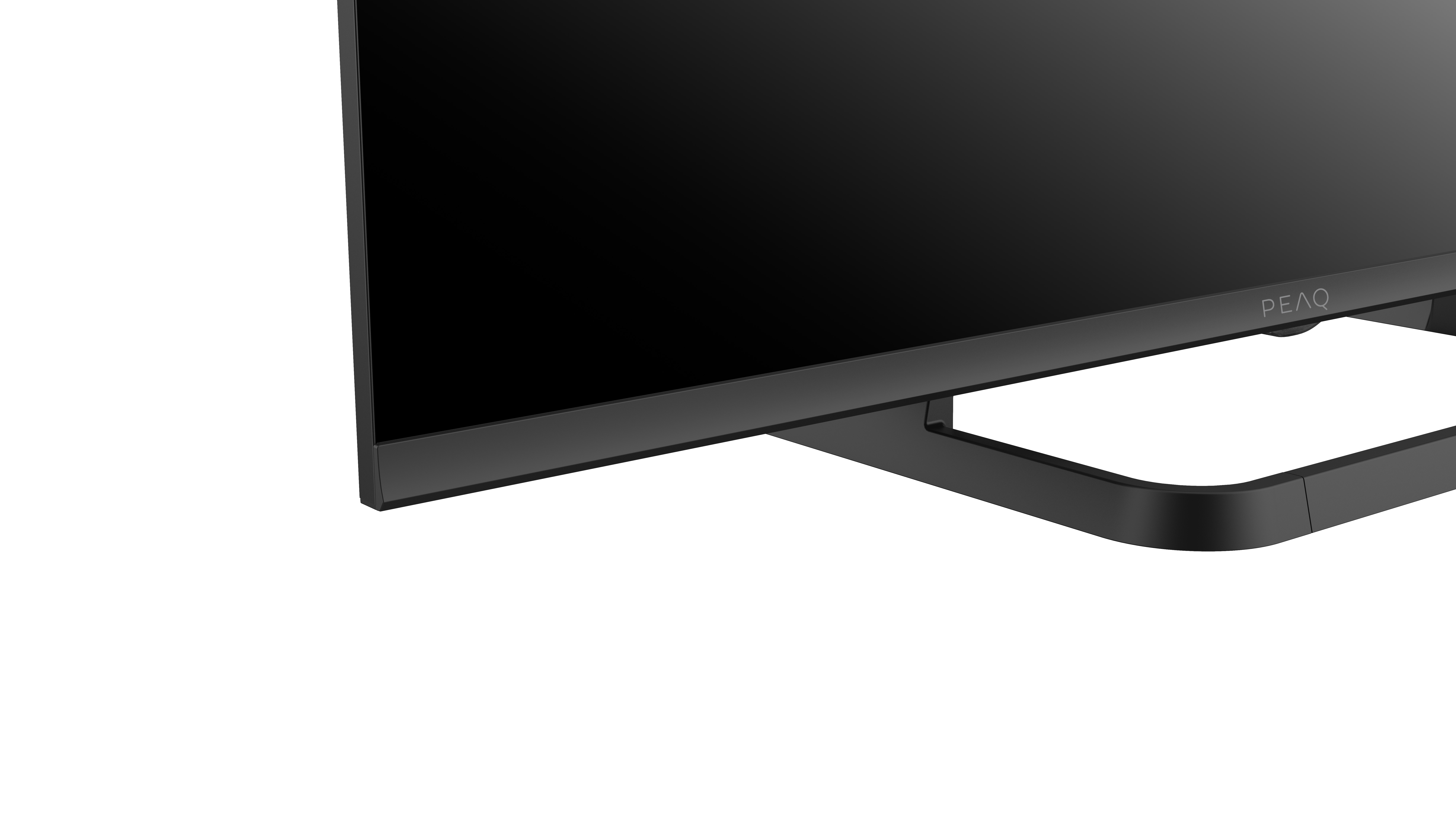 Ein schwarzer Computermonitor mit Ständer. Der Bildschirm ist aus, und der Markenname 'PEAQ' ist unten sichtbar.