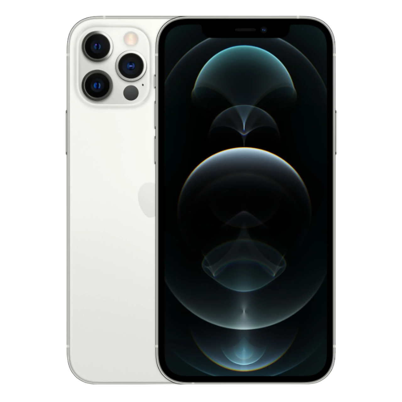 Üçlü lens kameraya sahip beyaz iPhone. Ekran, koyu, soyut bir tasarım gösteriyor. Arkada Apple logosu. Siyah arka plan.