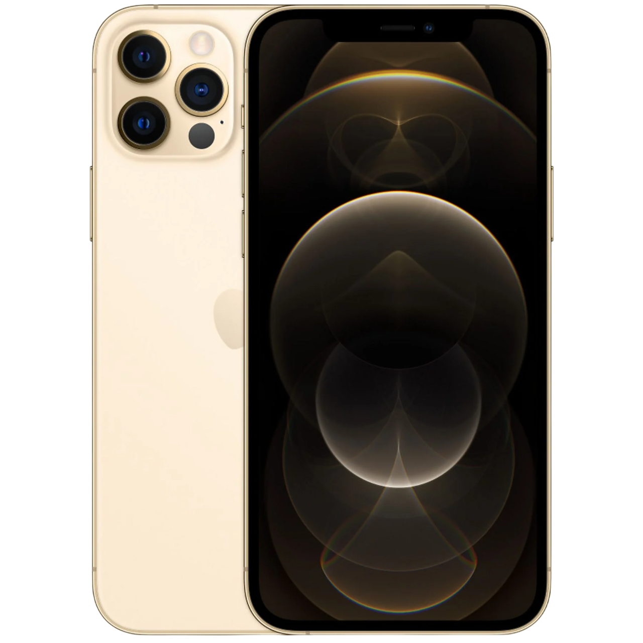 Siyah arka plan üzerinde, üç kameralı ve soyut bir tasarım sergileyen ekranı olan altın rengi bir iPhone.