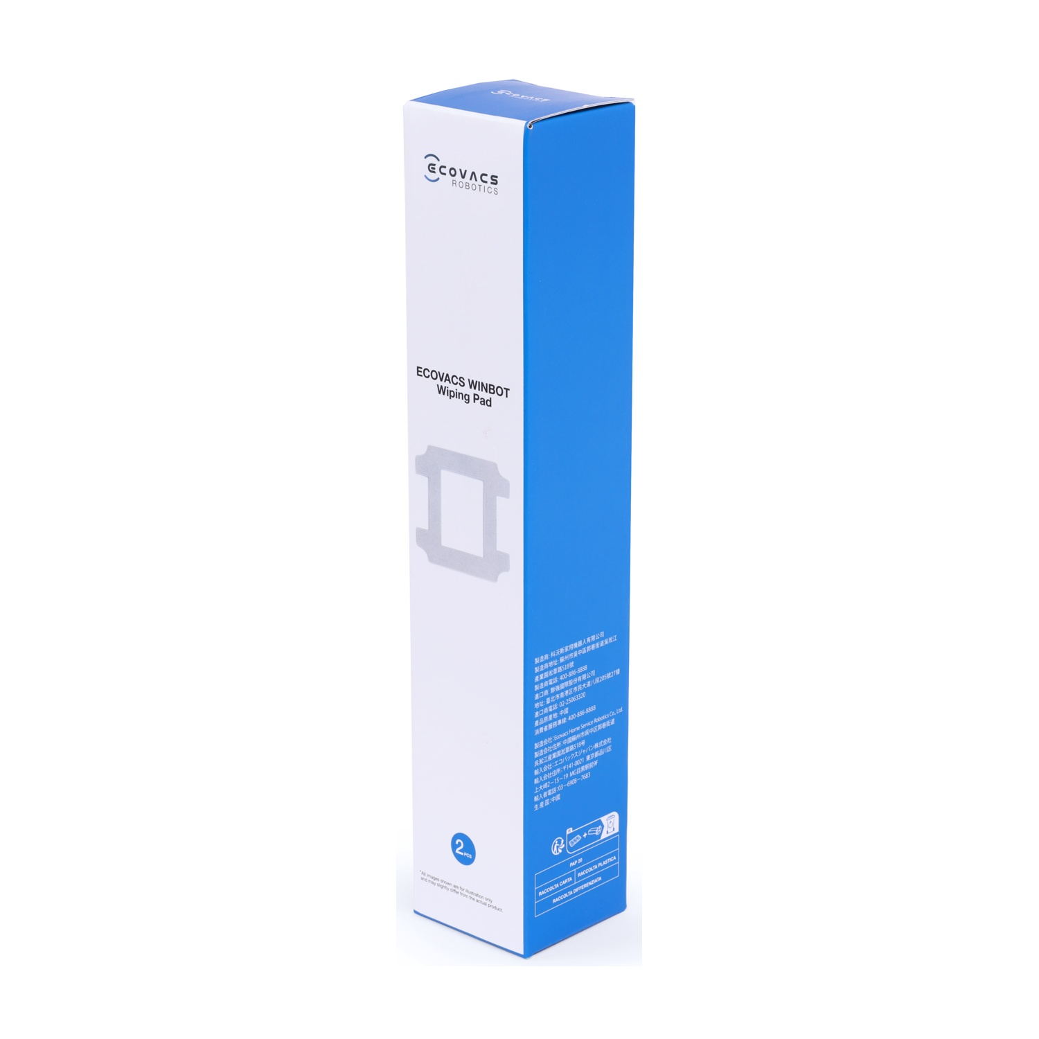 Una scatola bianca e blu di ECOVACS WINBOT Wiping Pad, informazioni sul prodotto e logo sono visibili sulla scatola.