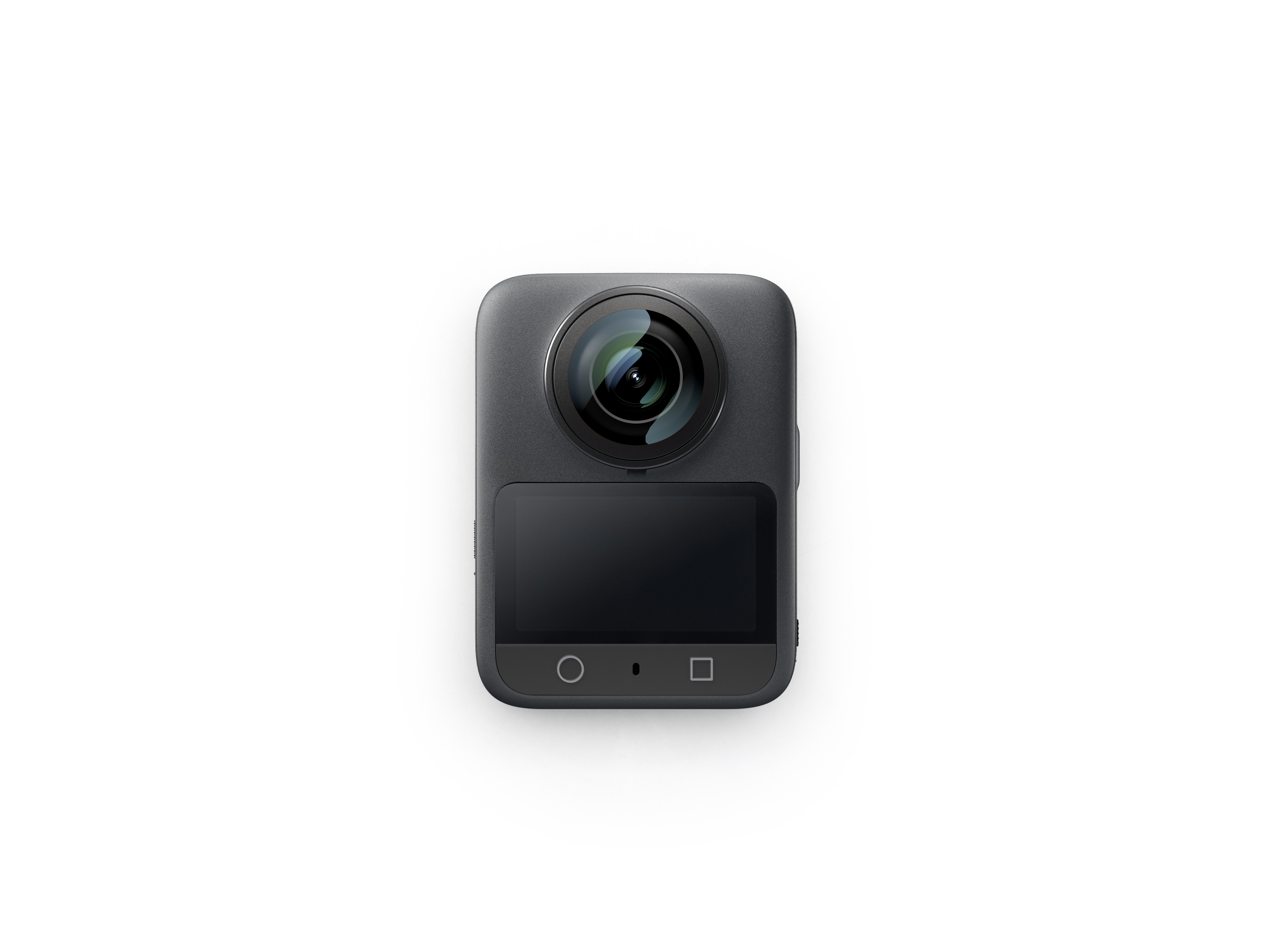 Bir lens ve ekrana sahip koyu gri 360 kamera. Beyaz bir arka plan üzerinde.
