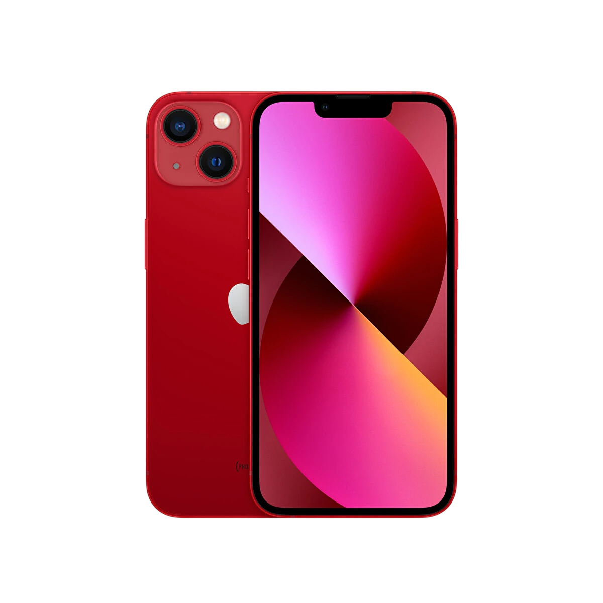 Kırmızı bir iPhone 13, kameraları olan arkası ve renkli ekranı olan önüyle siyah bir arka plan üzerinde.