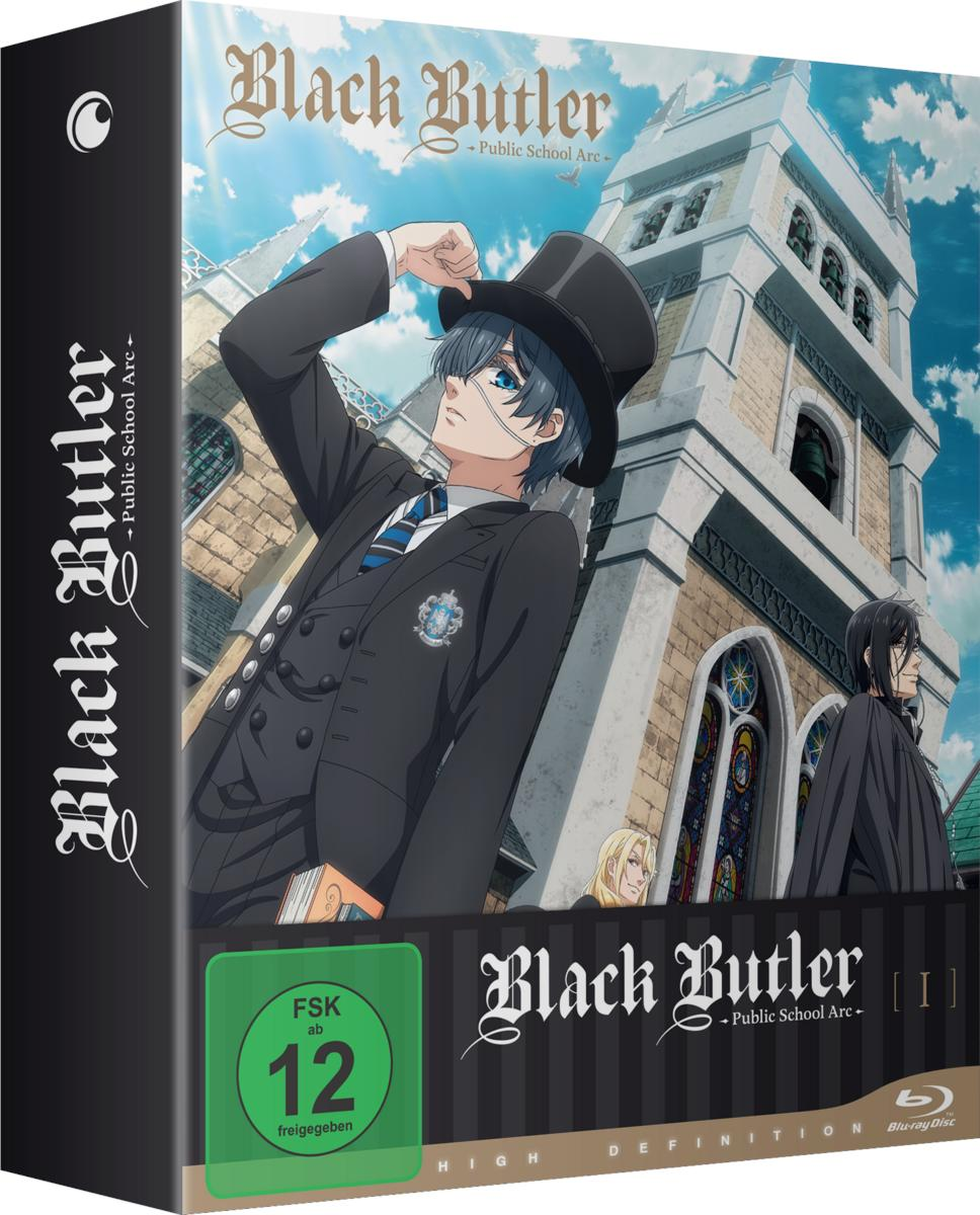 Black Butler Blu-ray-Cover. Ein Mann in Anzug und Zylinder steht vor einem Gebäude. Das Cover hat Text in Englisch und Deutsch.