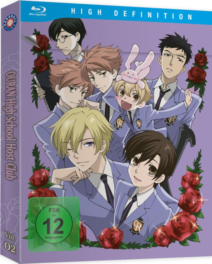 DVD-Cover von Ouran High School Host Club. Zeigt Anime-Charaktere in Schuluniformen, rote Rosen und eine grüne FSK 12-Bewertung.