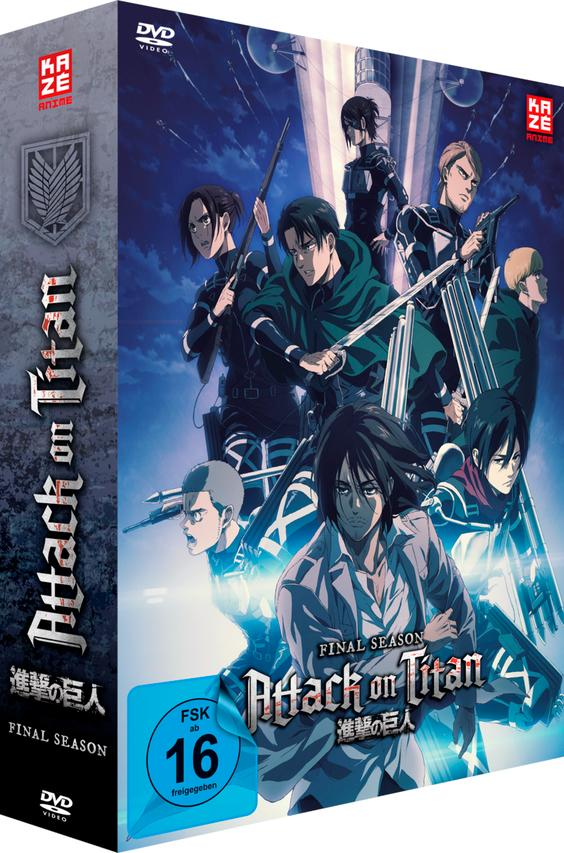 DVD-Cover von Attack on Titan: Final Season. Zeigt mehrere Charaktere mit Waffen, vor blauem Himmel.