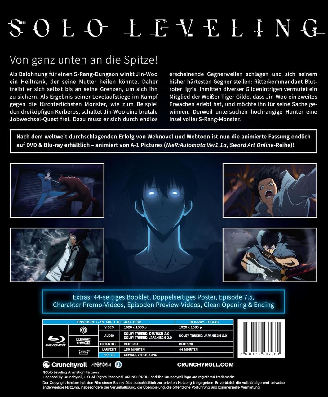 DVD-Cover des Anime Solo Leveling. Eine Figur steht mit leuchtenden Augen. Text über die Show und Blu-ray-Extras.