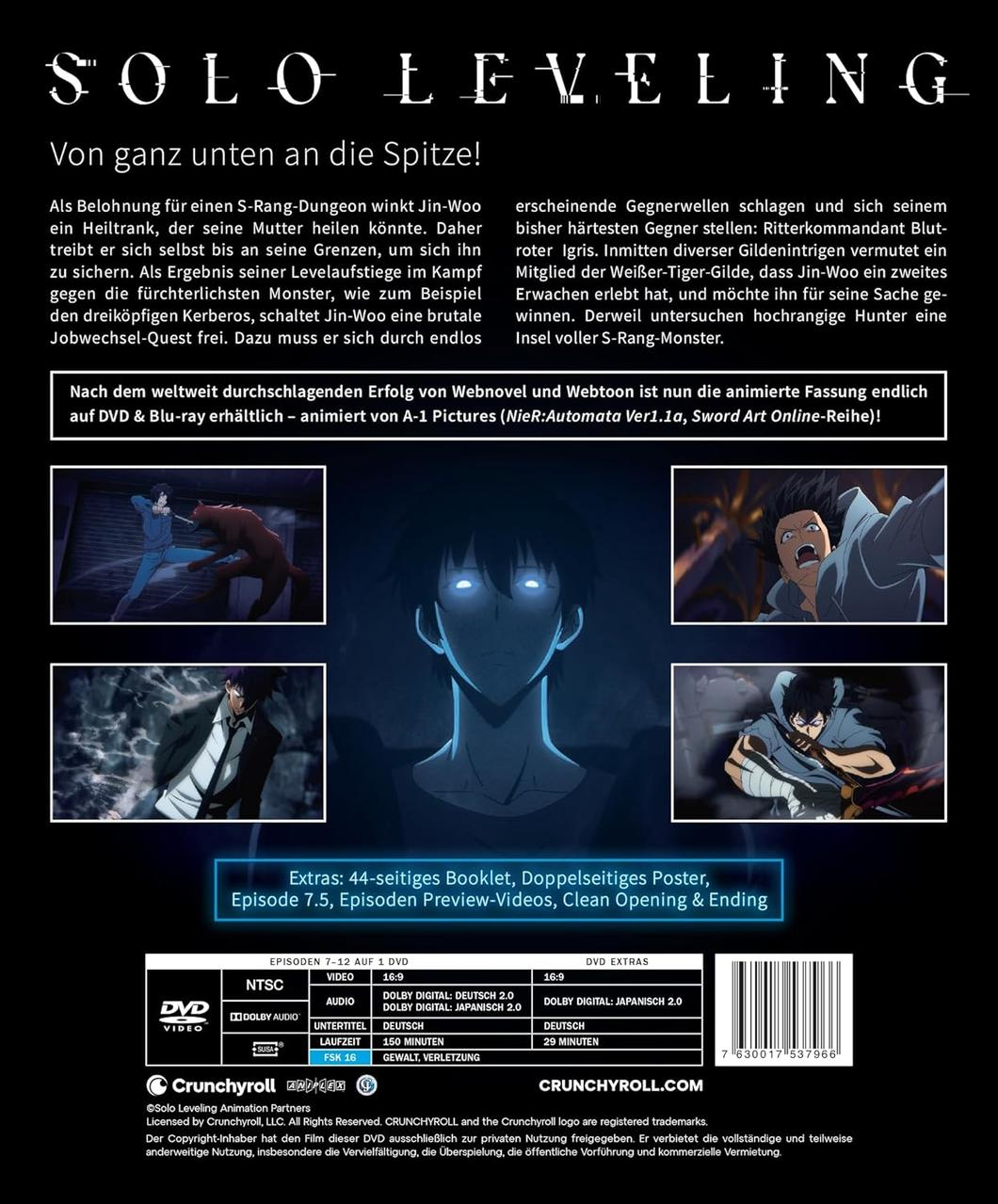 DVD-Cover: Solo Leveling. Figur mit leuchtenden Augen. Text enthält Episodendetails, Extras und Crunchyroll-Logo.