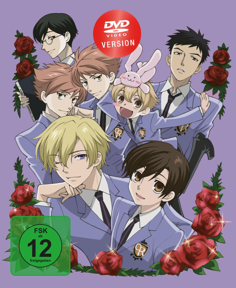 DVD-Cover mit Anime-Charakteren, Rosen und Bewertung. Jungen in blauen Anzügen und Krawatten. Roter DVD-Aufkleber oben. Lila Hintergrund.