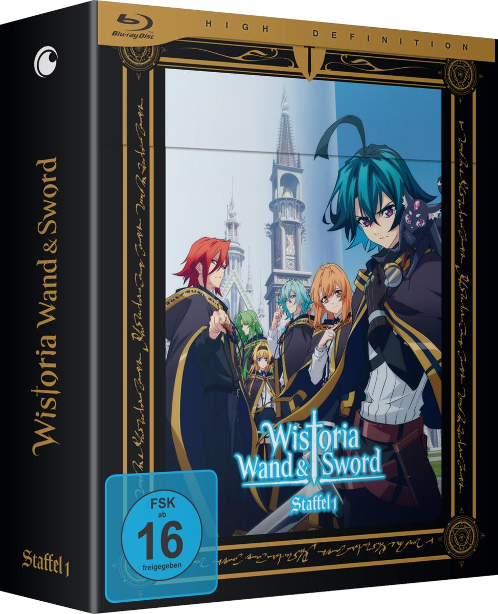 Anime Blu-ray Box-Art. Charaktere mit bunten Haaren stehen vor einem Schloss. Titel: Wistoria Wand & Sword.
