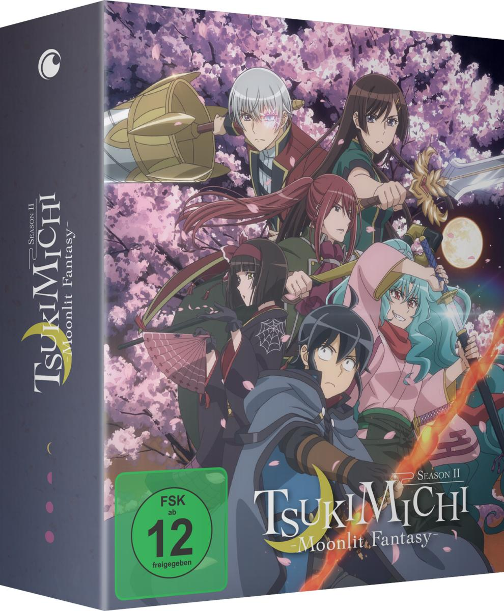 Anime-Box-Set-Cover mit mehreren Charakteren. Kirschblüten im Hintergrund. Titel: TsukiMichi Moonlit Fantasy Staffel II. Bewertung: FSK 12.