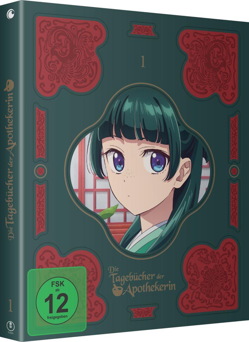 Cover-Art für "Die Tagebücher der Apothekerin". Es zeigt ein Anime-Mädchen, grüne und rote Designs und ein Bewertungsetikett.