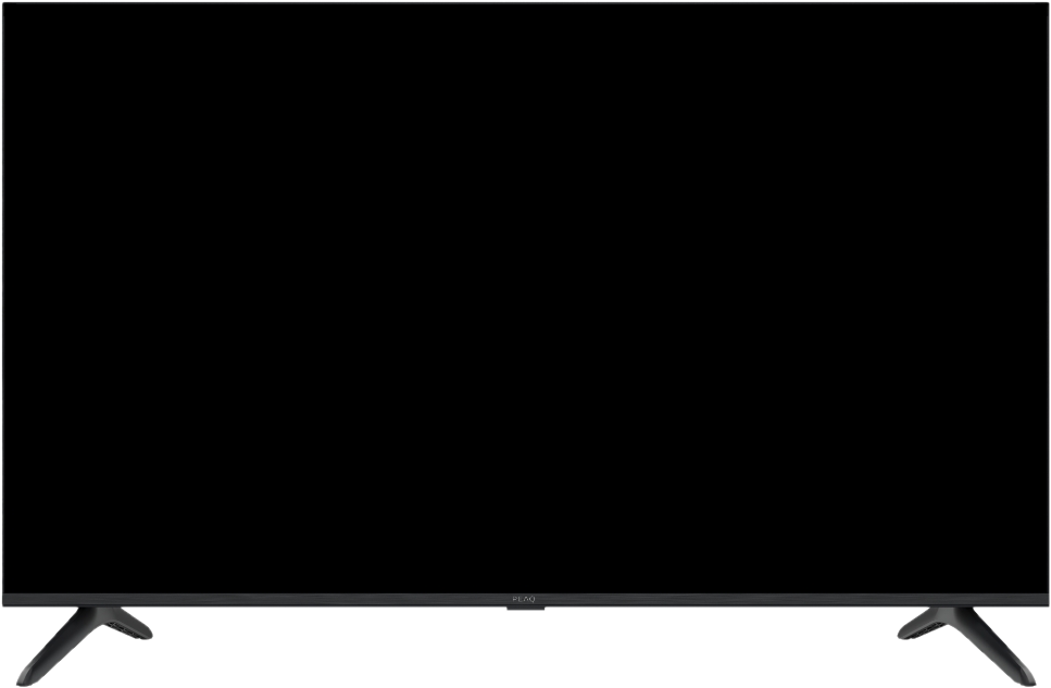 Ein großer, schwarzer Flachbildfernseher mit schwarzem Rahmen. Er hat zwei Ständer. Der Markenname ist sichtbar.