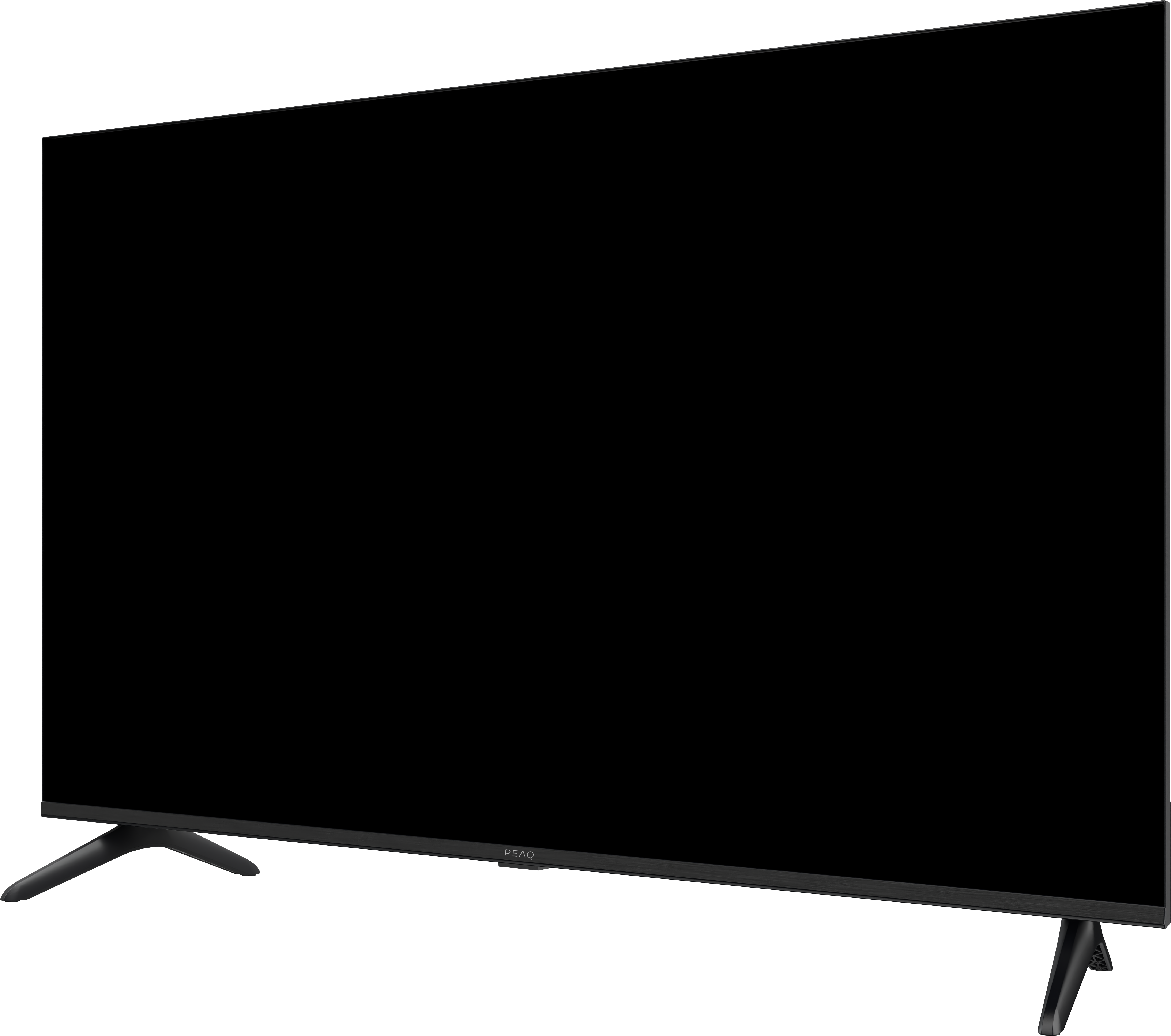 Ein schwarzer Flachbildfernseher auf einer schwarzen Oberfläche. Der Fernseher hat drei Beine.