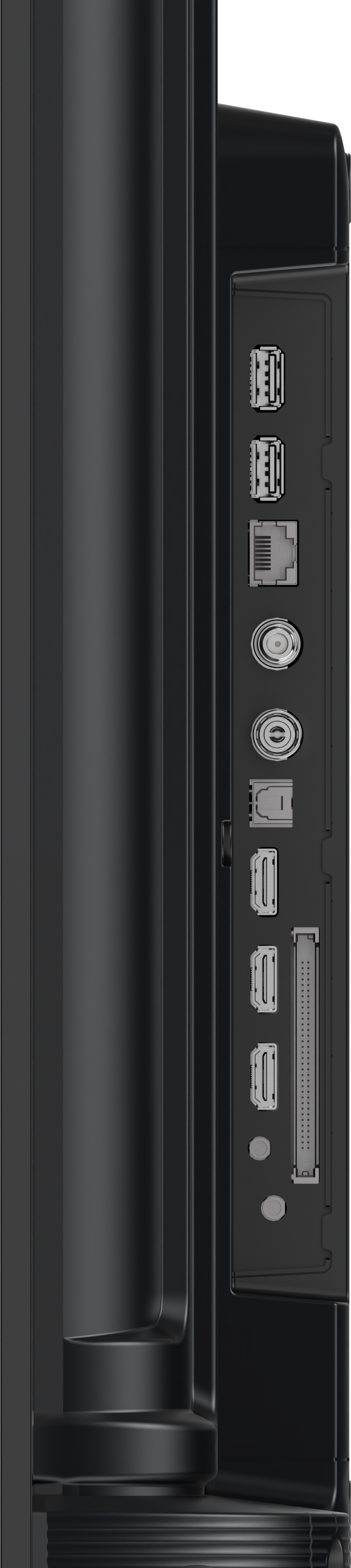 Seite eines schwarzen Geräts mit verschiedenen Anschlüssen, einschließlich USB, Ethernet und HDMI. Das Gerät ist dunkel und hat eine glatte Oberfläche.