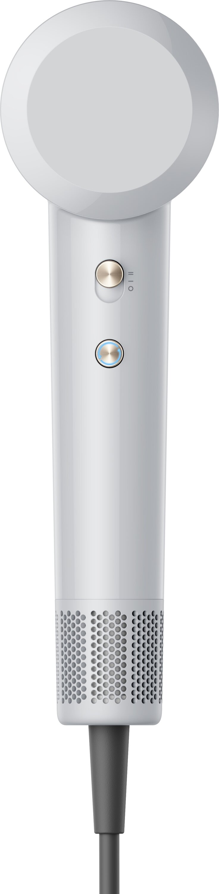 Biała i szara suszarka do włosów z okrągłą głowicą i długim uchwytem z dwoma przyciskami. Wychodzi szary kabel.