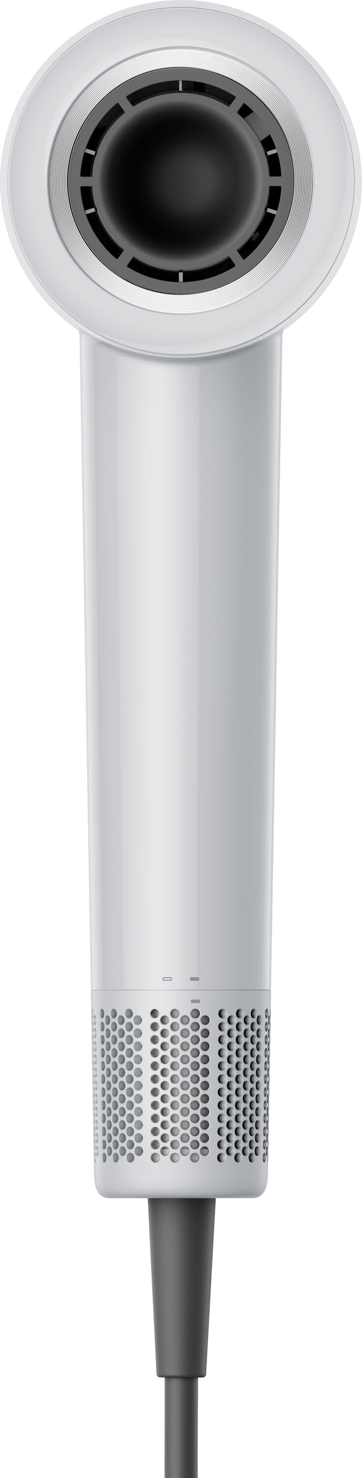 Białe i szare urządzenie przenośne z cylindrycznym korpusem, perforowaną sekcją i okrągłą górą z ciemnym środkiem.