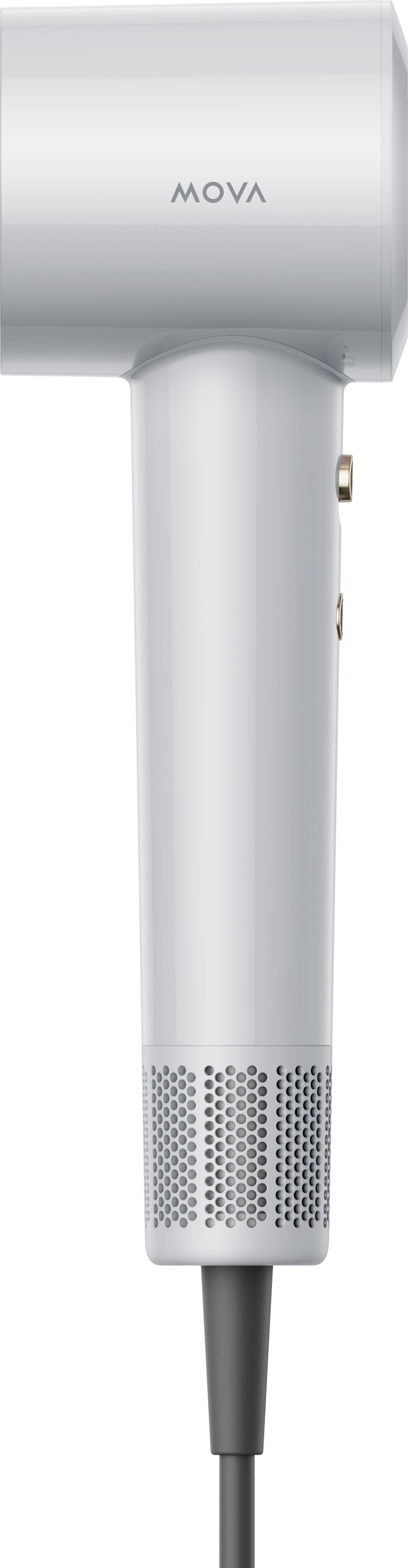 Biało-szara suszarka do włosów z marką MOVA u góry. Ma perforowaną podstawę i szary przewód zasilający.
