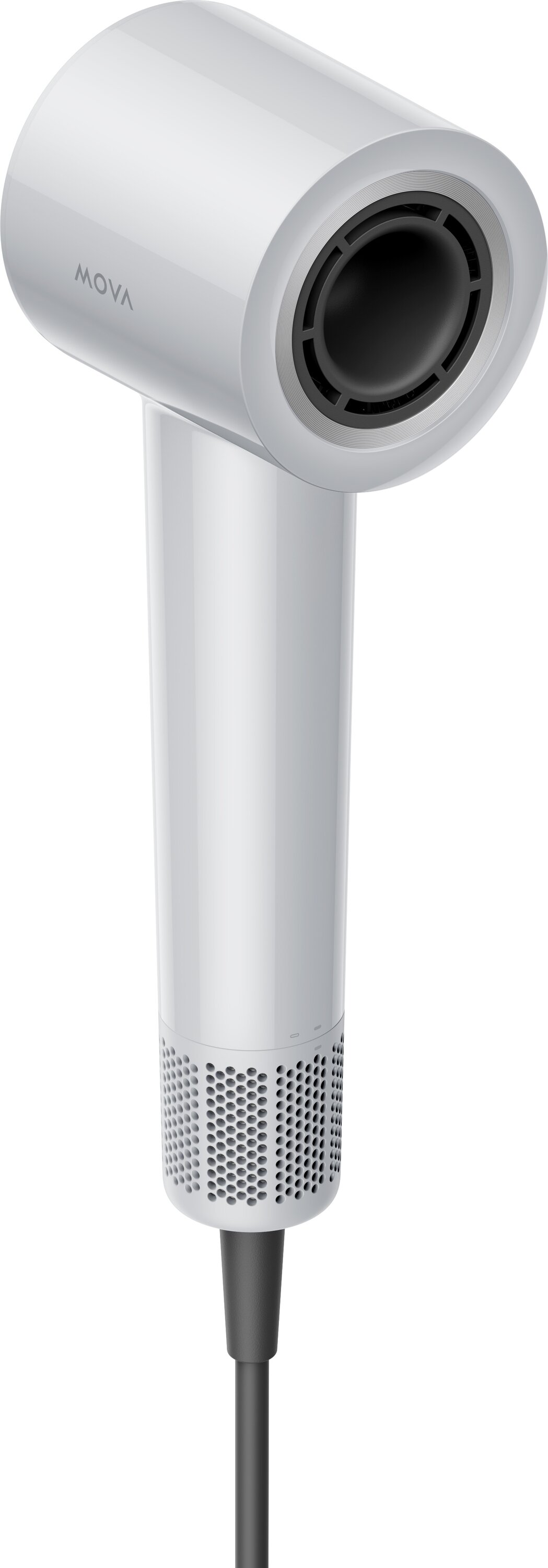 Biała suszarka do włosów z czarną dyszą i ciemnoszarym kablem, widoczna marka 'MOVA'.