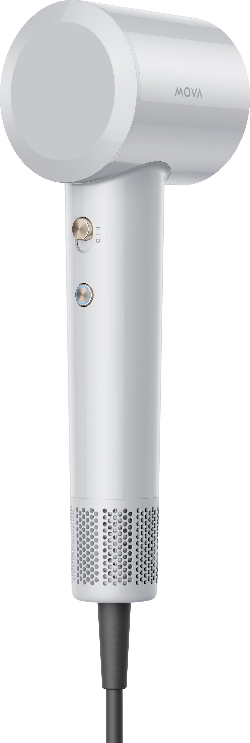 Biała suszarka do włosów z cylindrycznym uchwytem i perforowanym dnem. Ma dwa przyciski i pokrętło. Marka to MOVA.